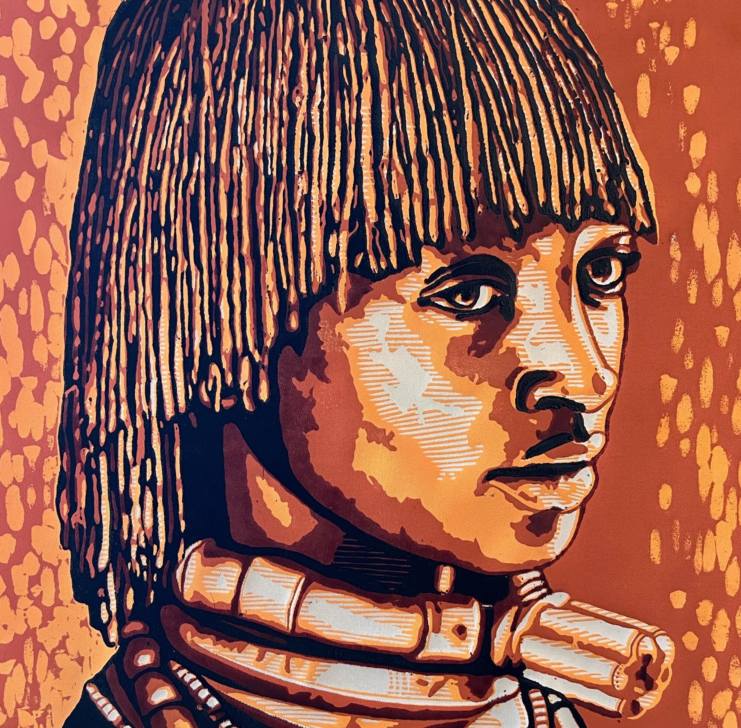 Indigenous Woman - Orange Figurative Print by Tosin Oyeniyi 