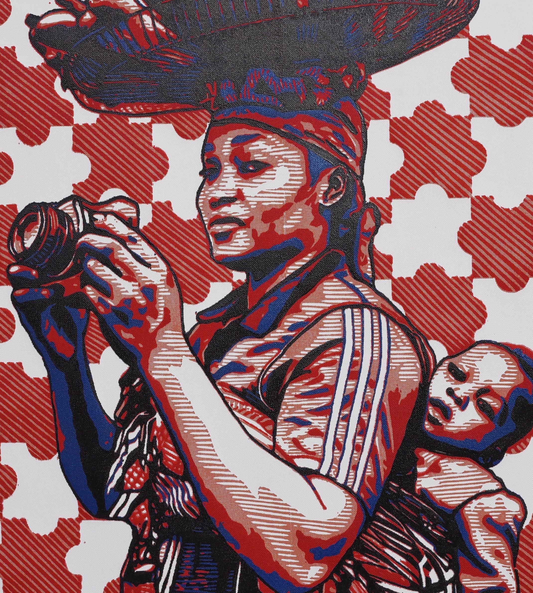 Ceci ou cela (Ona Kan O Woja) - 21e siècle, Figurative contemporaine, Linogravure - Marron Figurative Print par Tosin Oyeniyi 