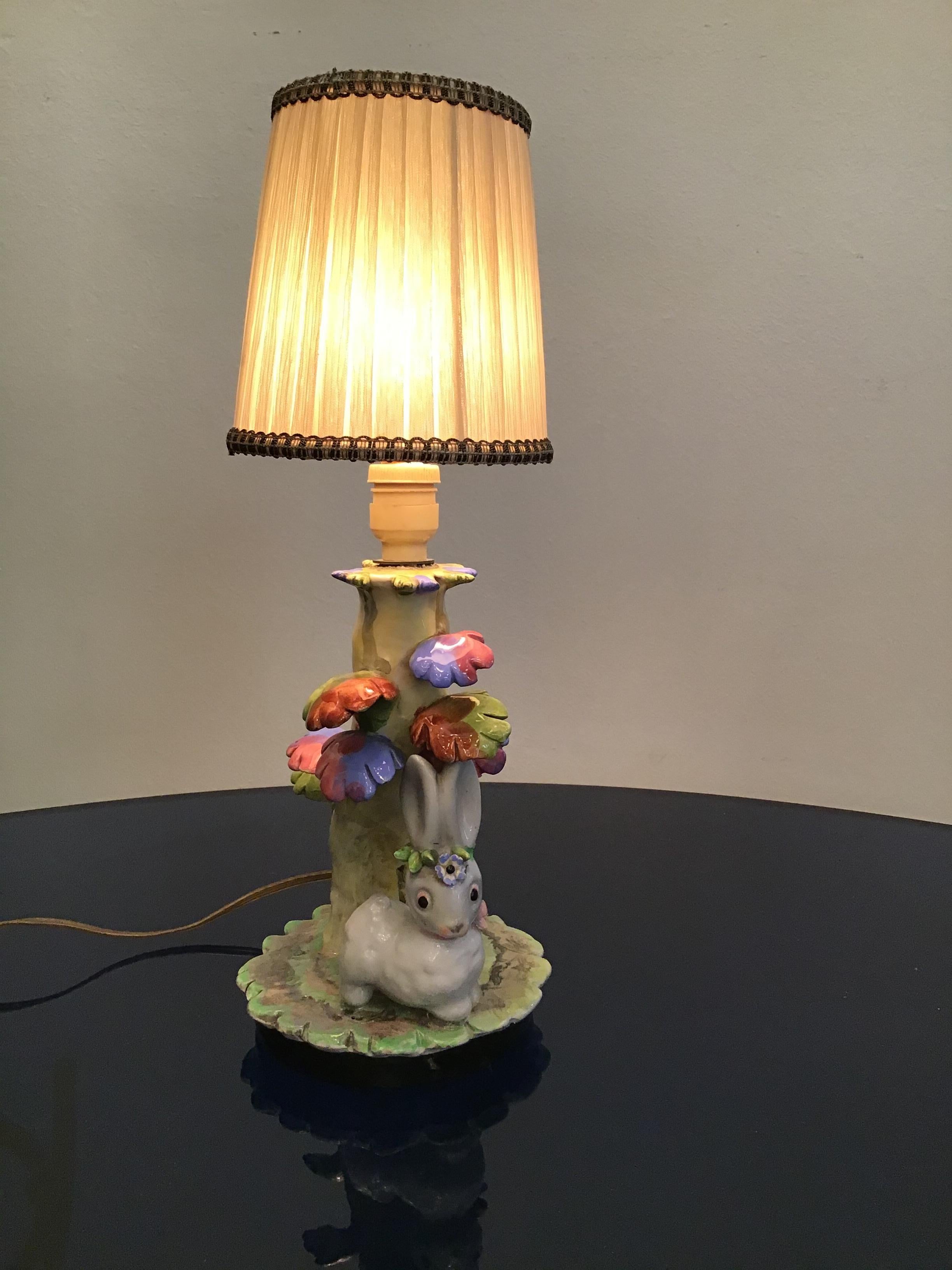 Mid-20th Century Tosin Table Lamp Ceramic Fabric Lampshade 1930, Italy For Sale