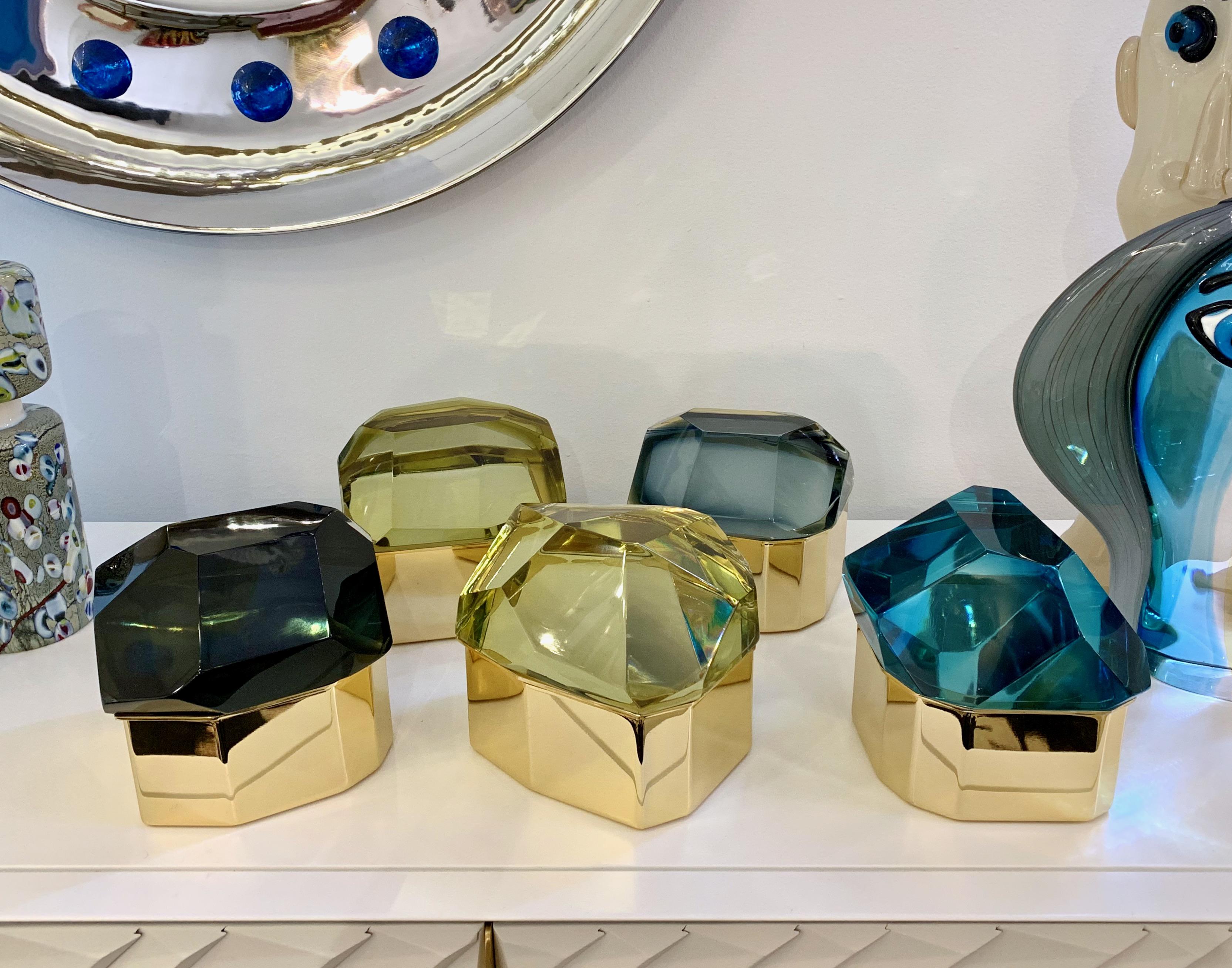 Art Glass Toso Italian Modern Diamond-Shaped Gold Murano Glass and Brass Jewel-Like Box