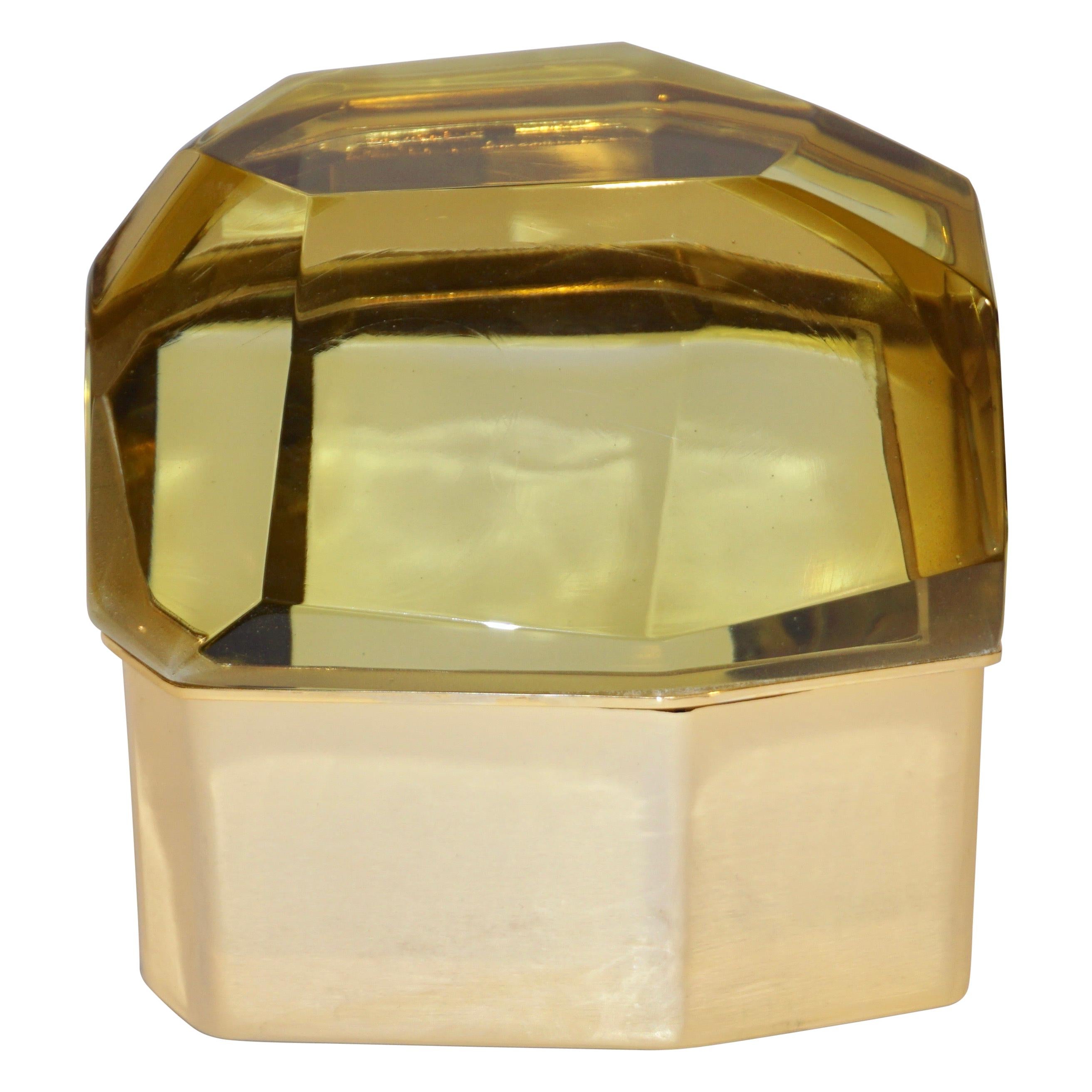 Toso Italian Modern Diamond-Shaped Gold Murano Glass and Brass Jewel-Like Box