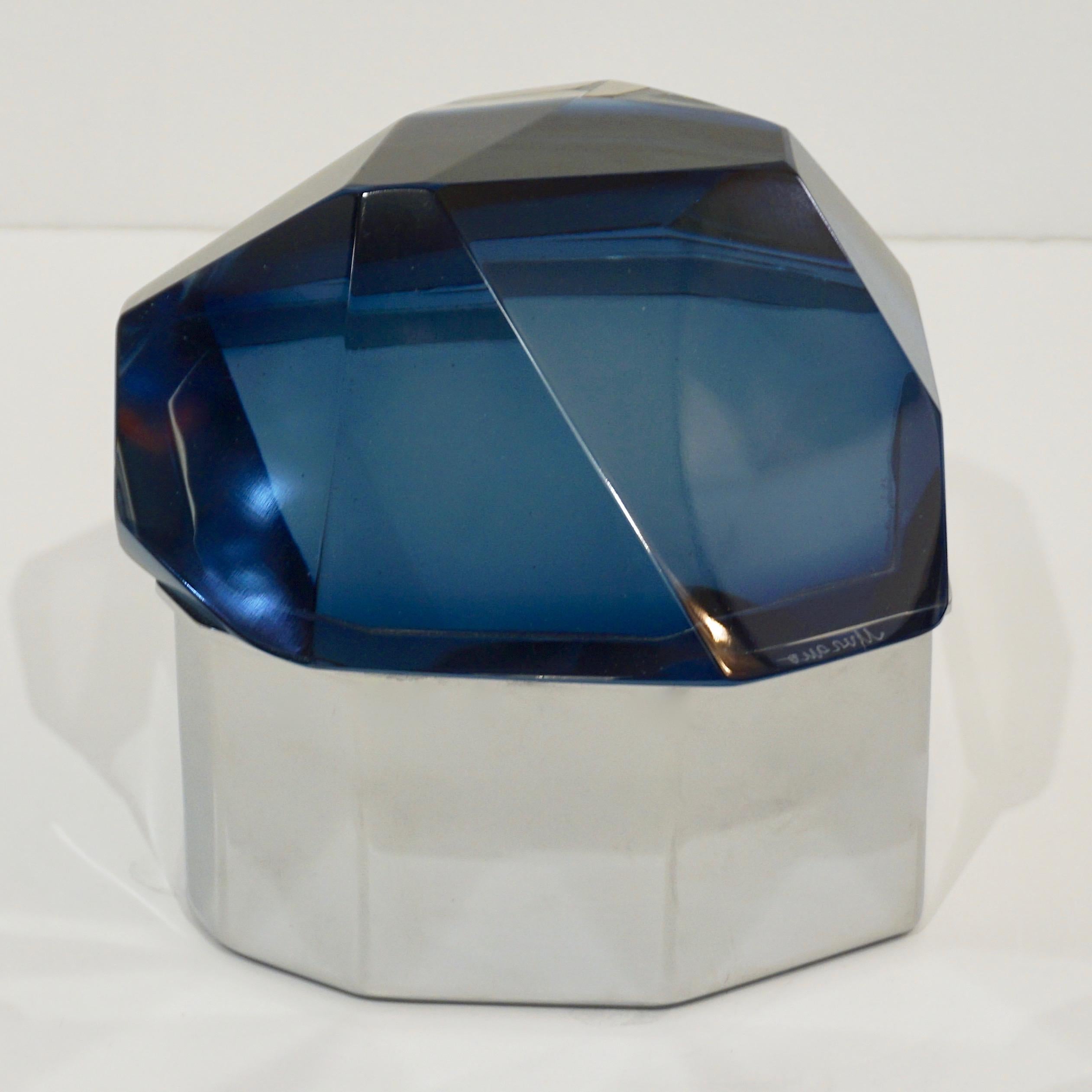 Art Deco Toso Italian Modern Diamond-Shaped Murano Glass Blue and Nickel Jewel-Like Box
