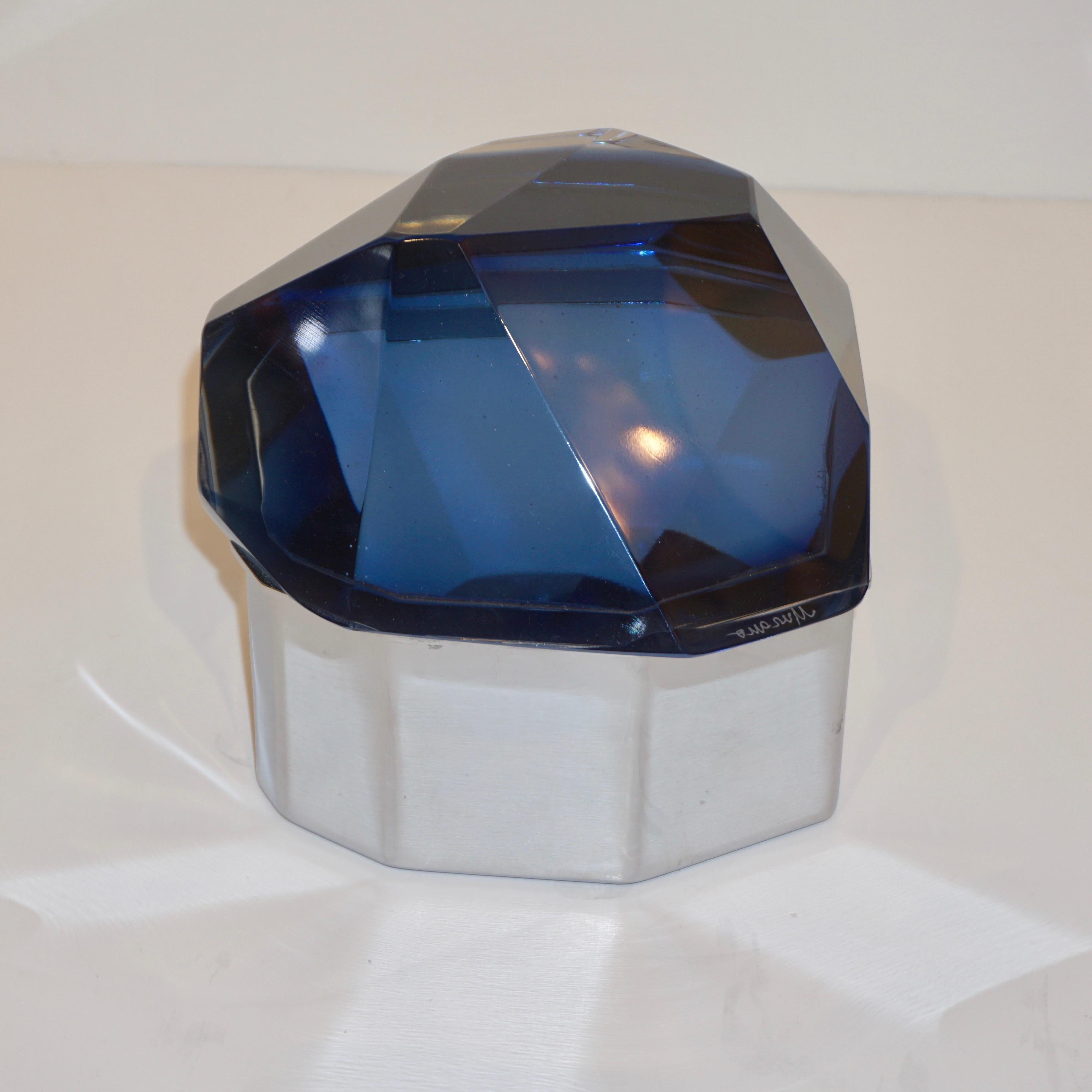 Hand-Crafted Toso Italian Modern Diamond-Shaped Murano Glass Blue and Nickel Jewel-Like Box