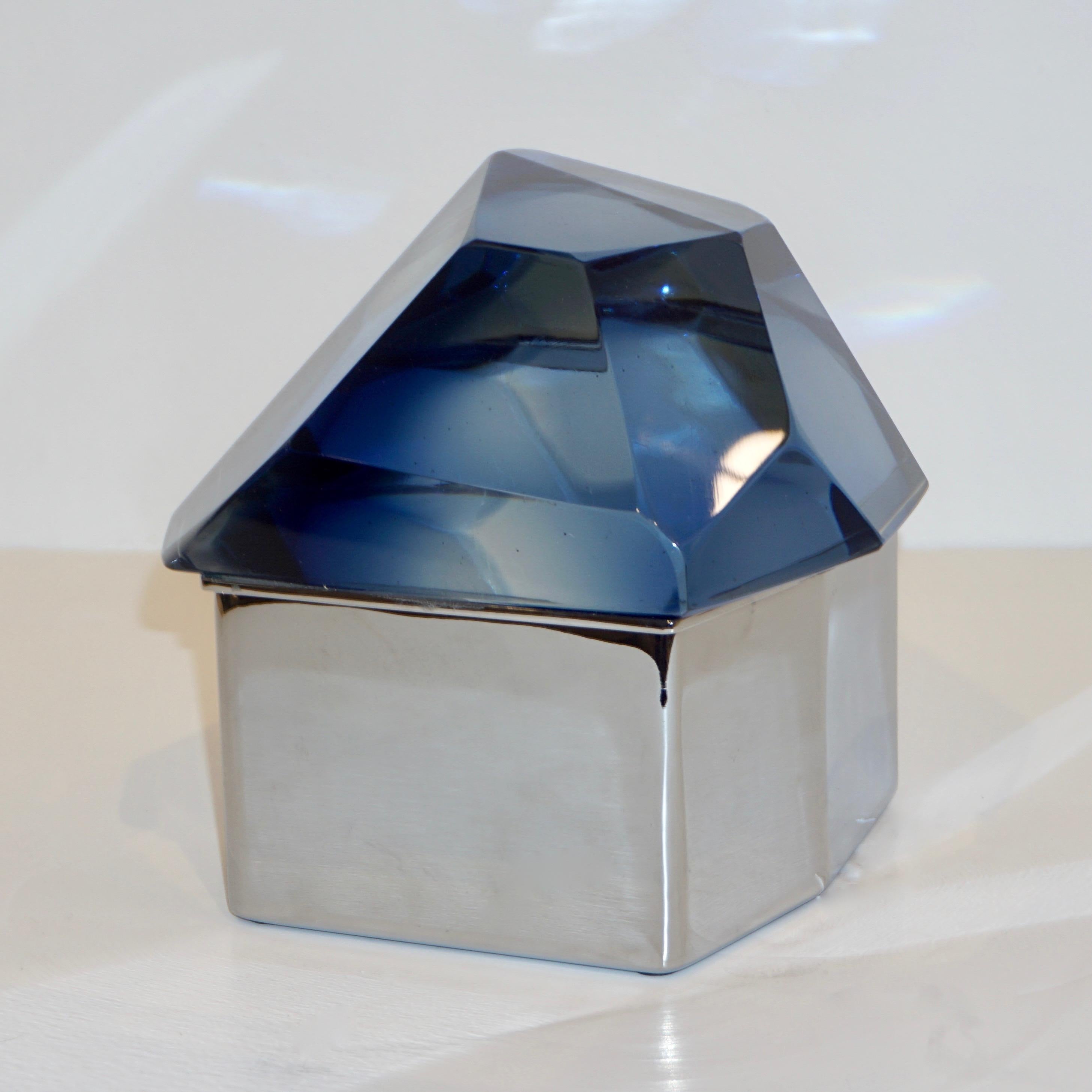 Art Glass Toso Italian Modern Diamond-Shaped Murano Glass Blue and Nickel Jewel-Like Box