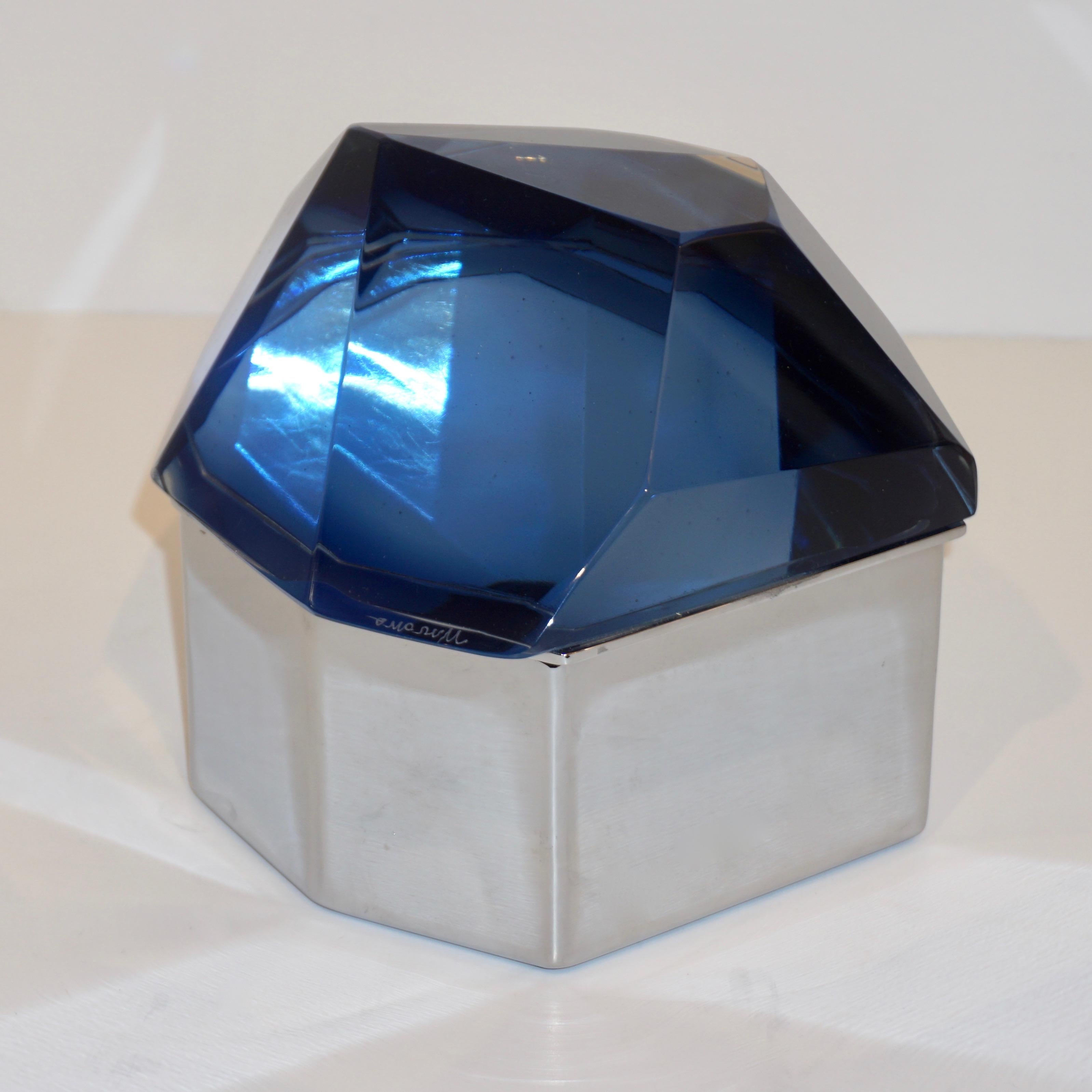 Toso Italian Modern Diamond-Shaped Murano Glass Blue and Nickel Jewel-Like Box 1