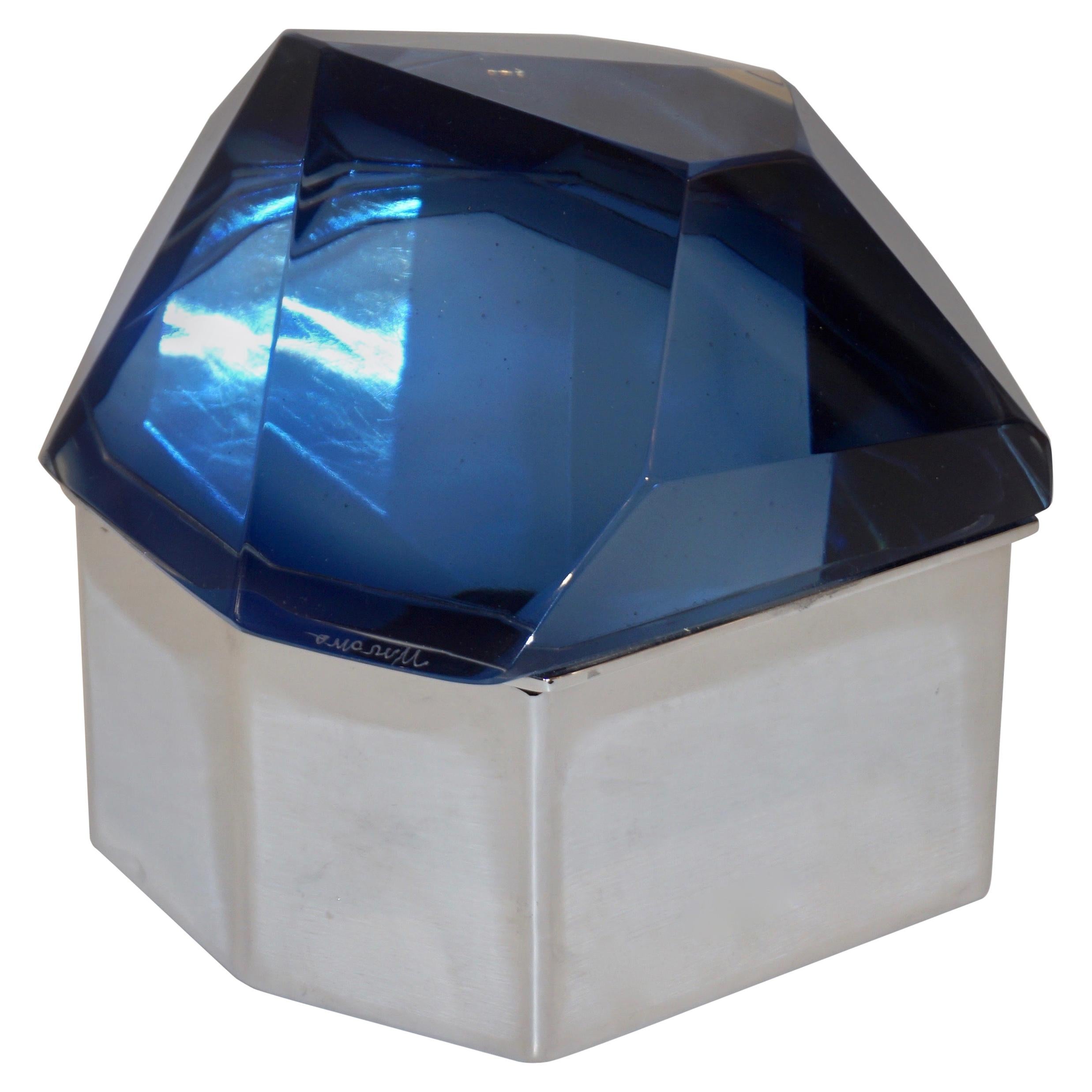 Toso Italian Modern Diamond-Shaped Murano Glass Blue and Nickel Jewel-Like Box