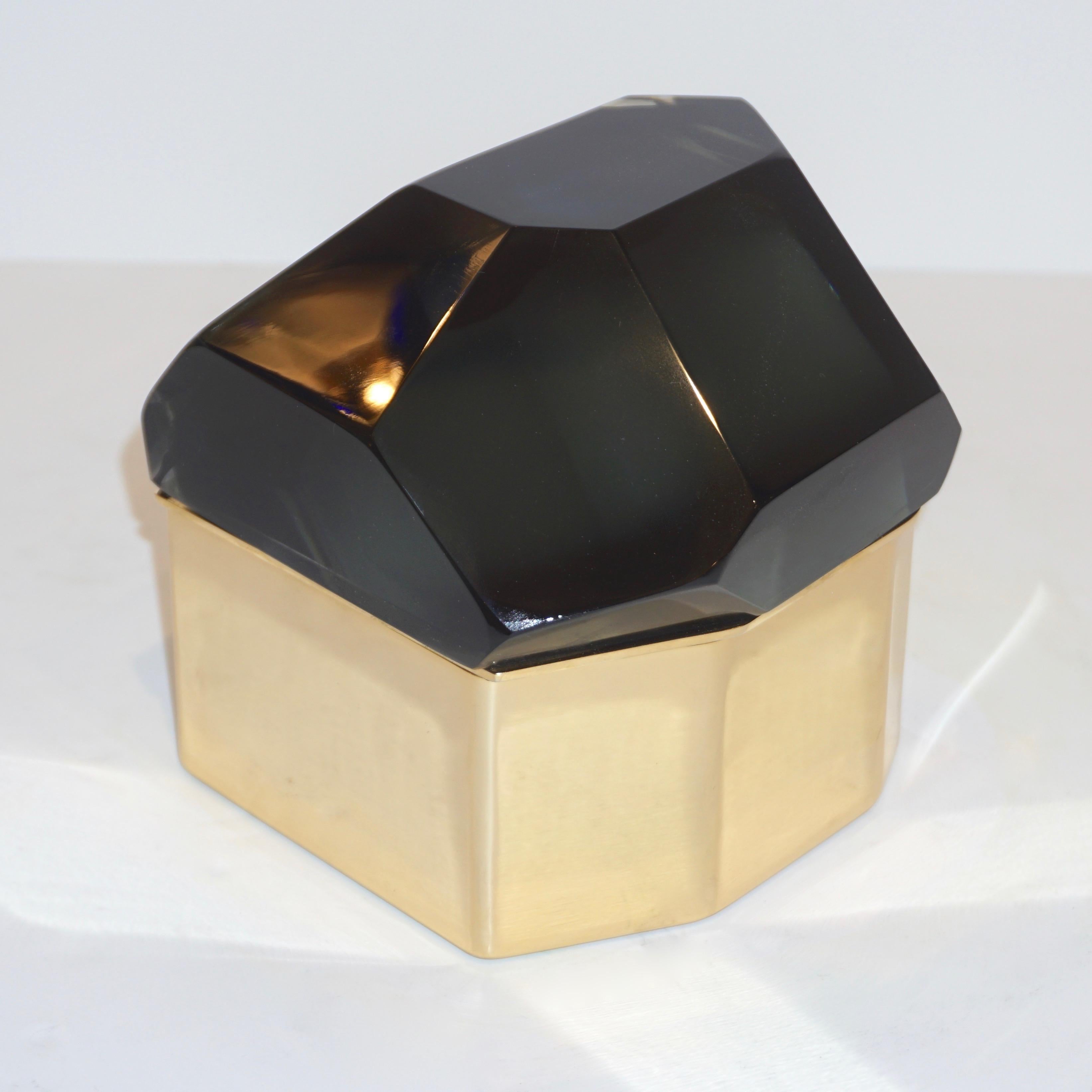 Toso Italian Modern Diamond-Shaped Smoked Gray Murano Glass & Brass Jewel Box 4