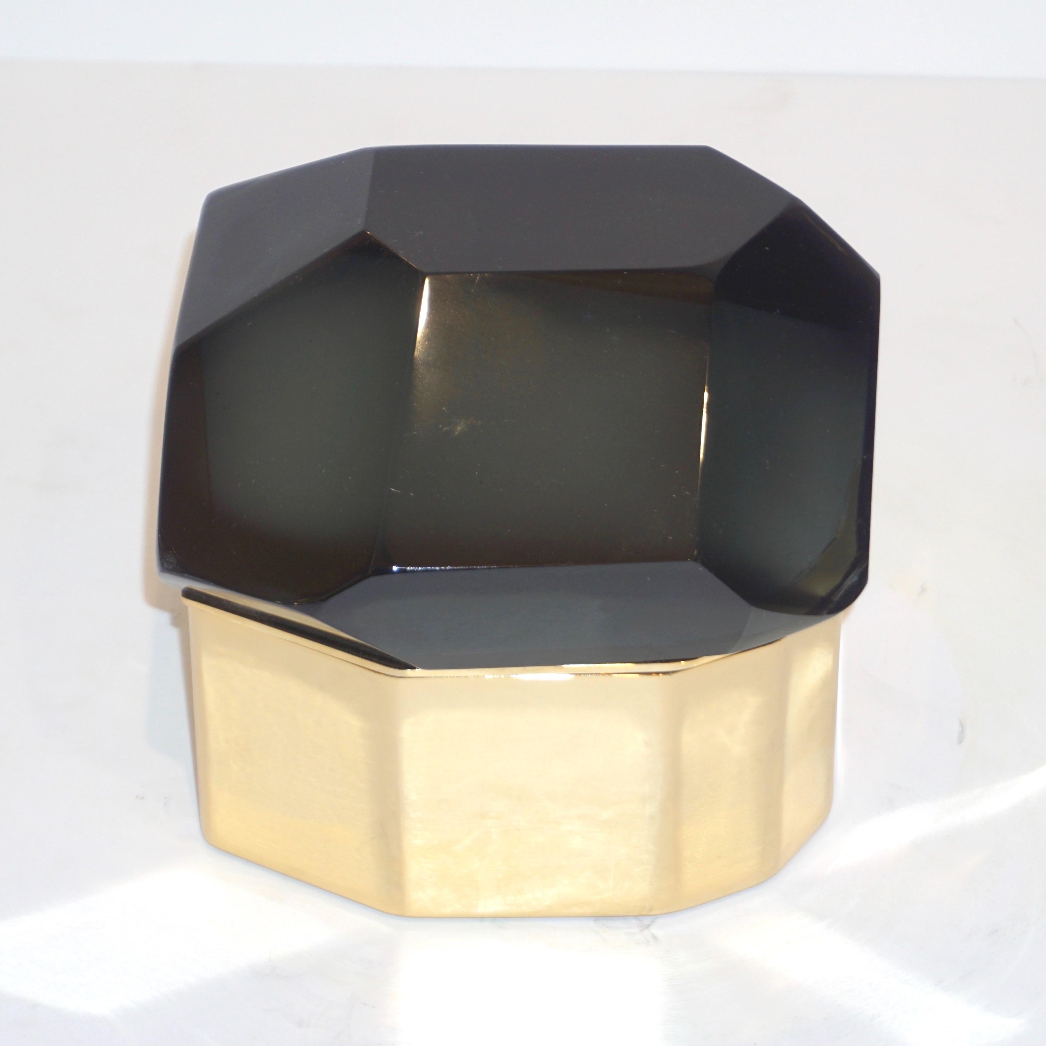 Toso Italian Modern Diamond-Shaped Smoked Gray Murano Glass & Brass Jewel Box 5