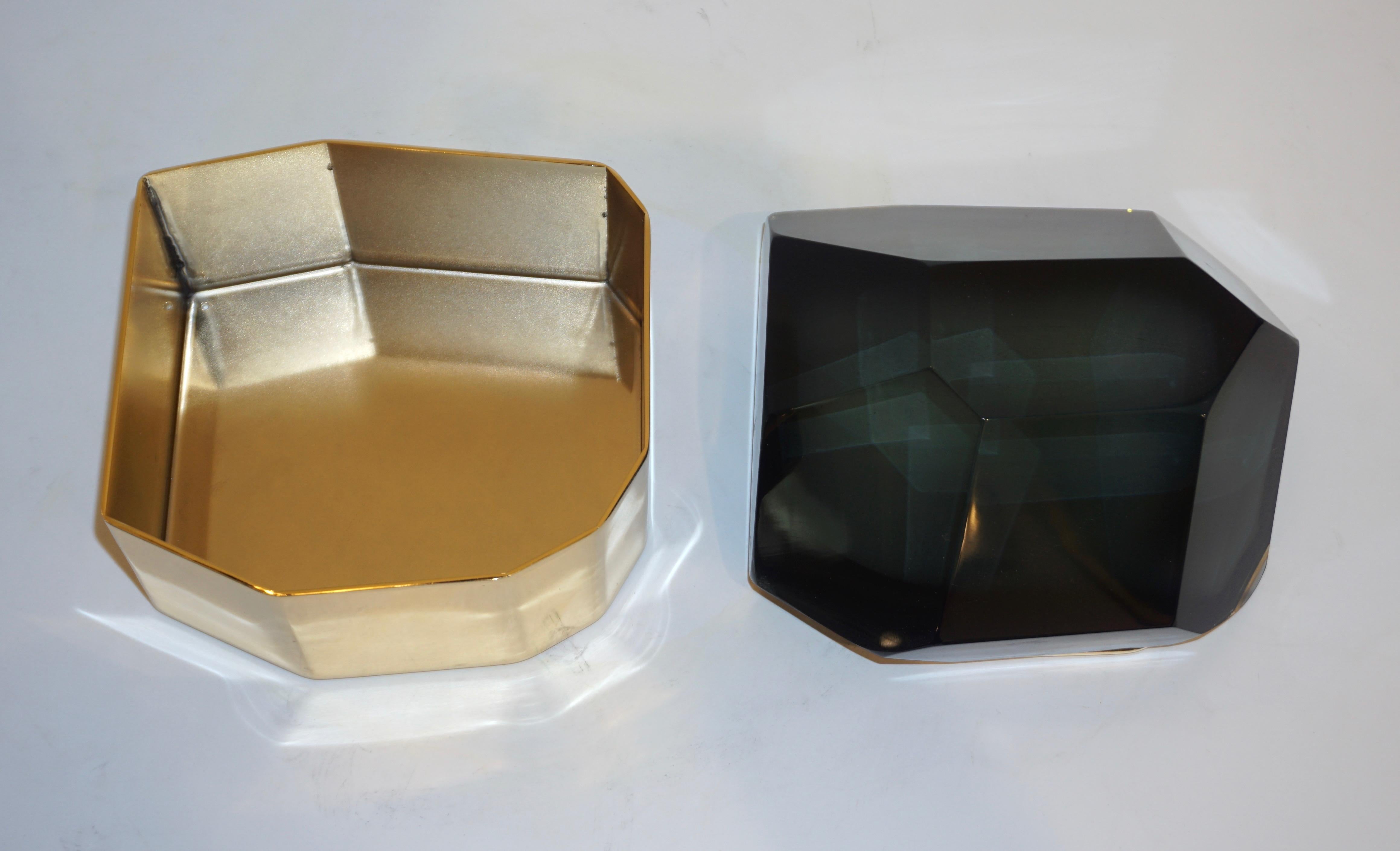 Hand-Crafted Toso Italian Modern Diamond-Shaped Smoked Gray Murano Glass & Brass Jewel Box