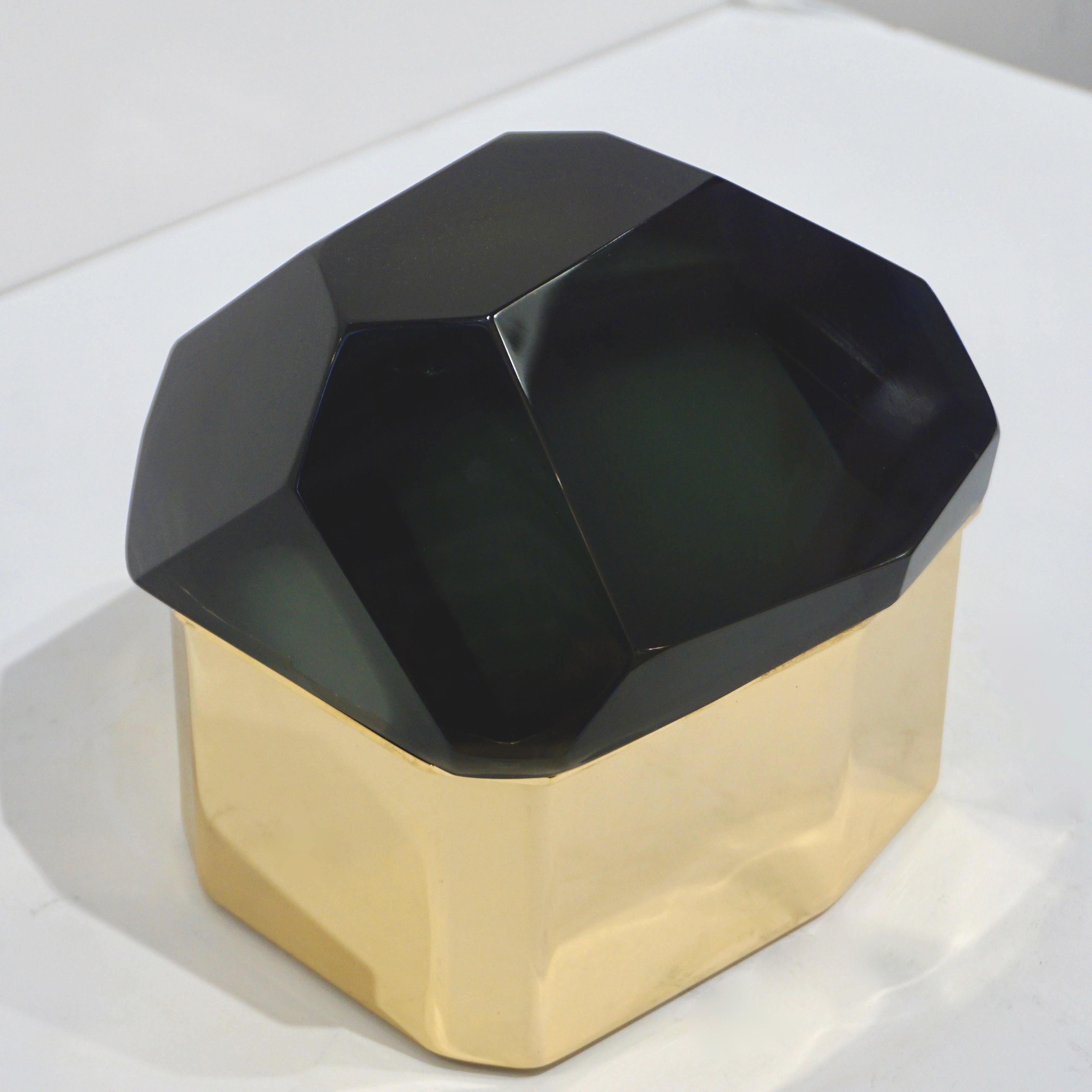 Contemporary Toso Italian Modern Diamond-Shaped Smoked Gray Murano Glass & Brass Jewel Box