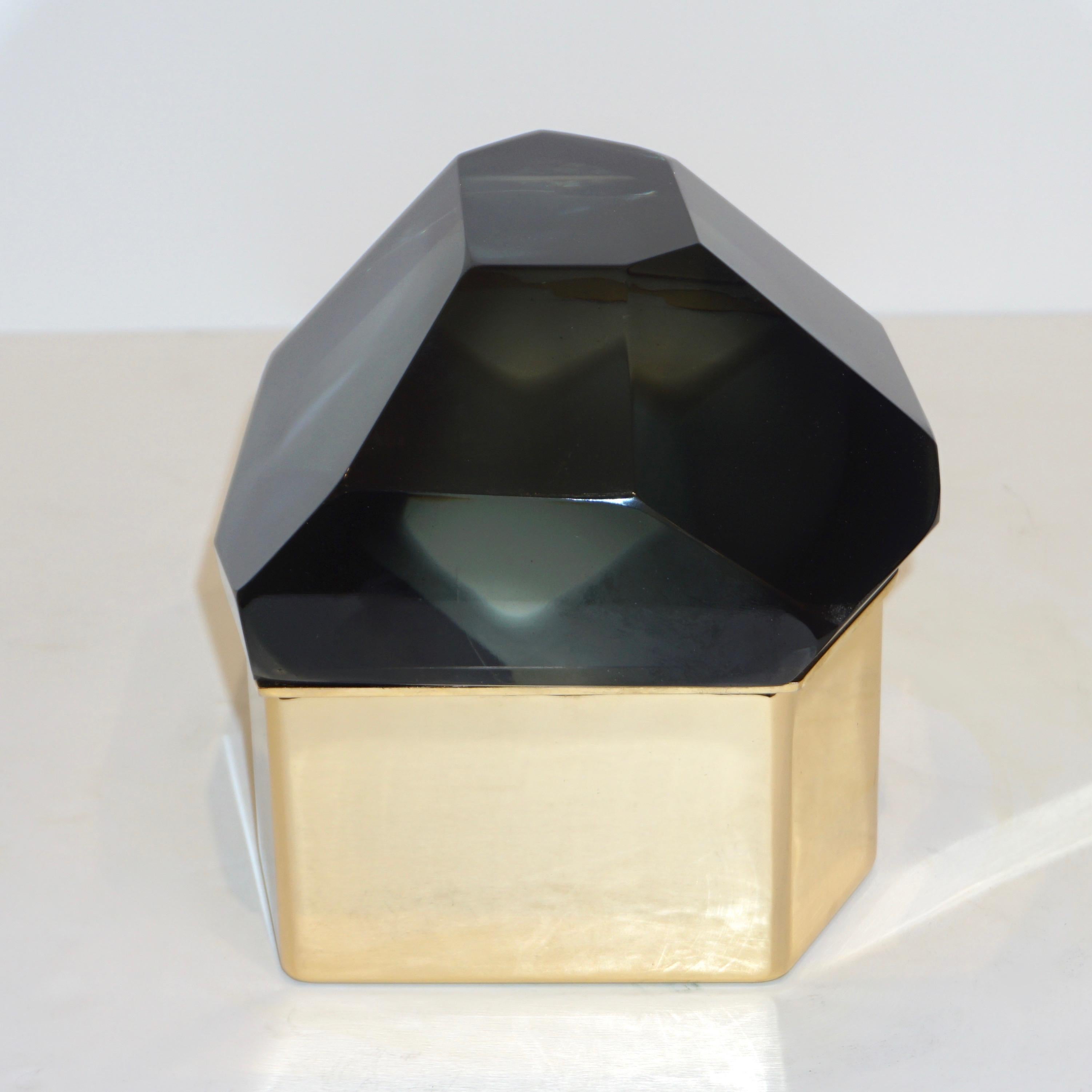 Toso Italian Modern Diamond-Shaped Smoked Gray Murano Glass & Brass Jewel Box 1