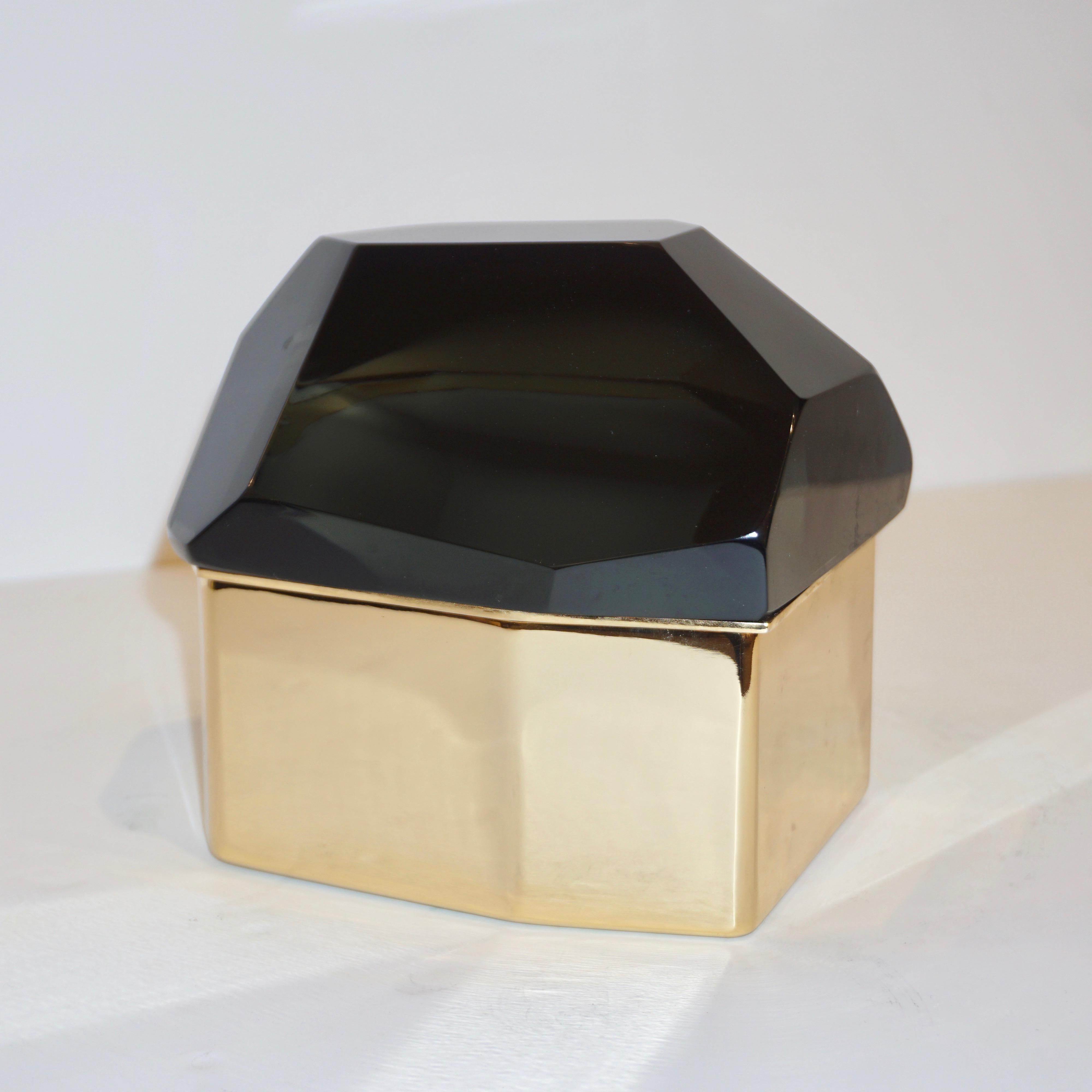 Toso Italian Modern Diamond-Shaped Smoked Gray Murano Glass & Brass Jewel Box 2
