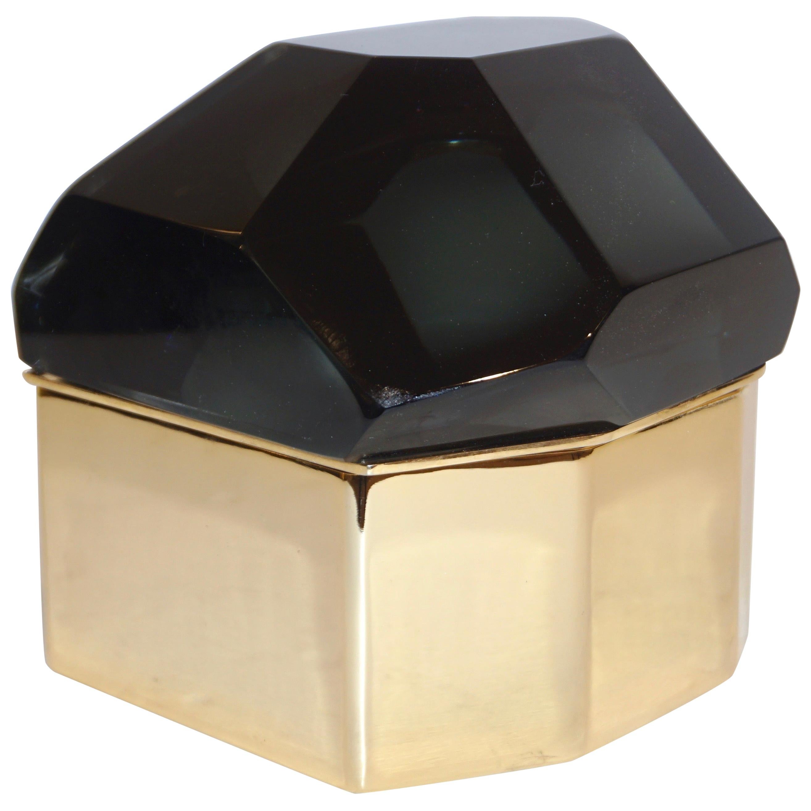 Toso Italian Modern Diamond-Shaped Smoked Gray Murano Glass & Brass Jewel Box