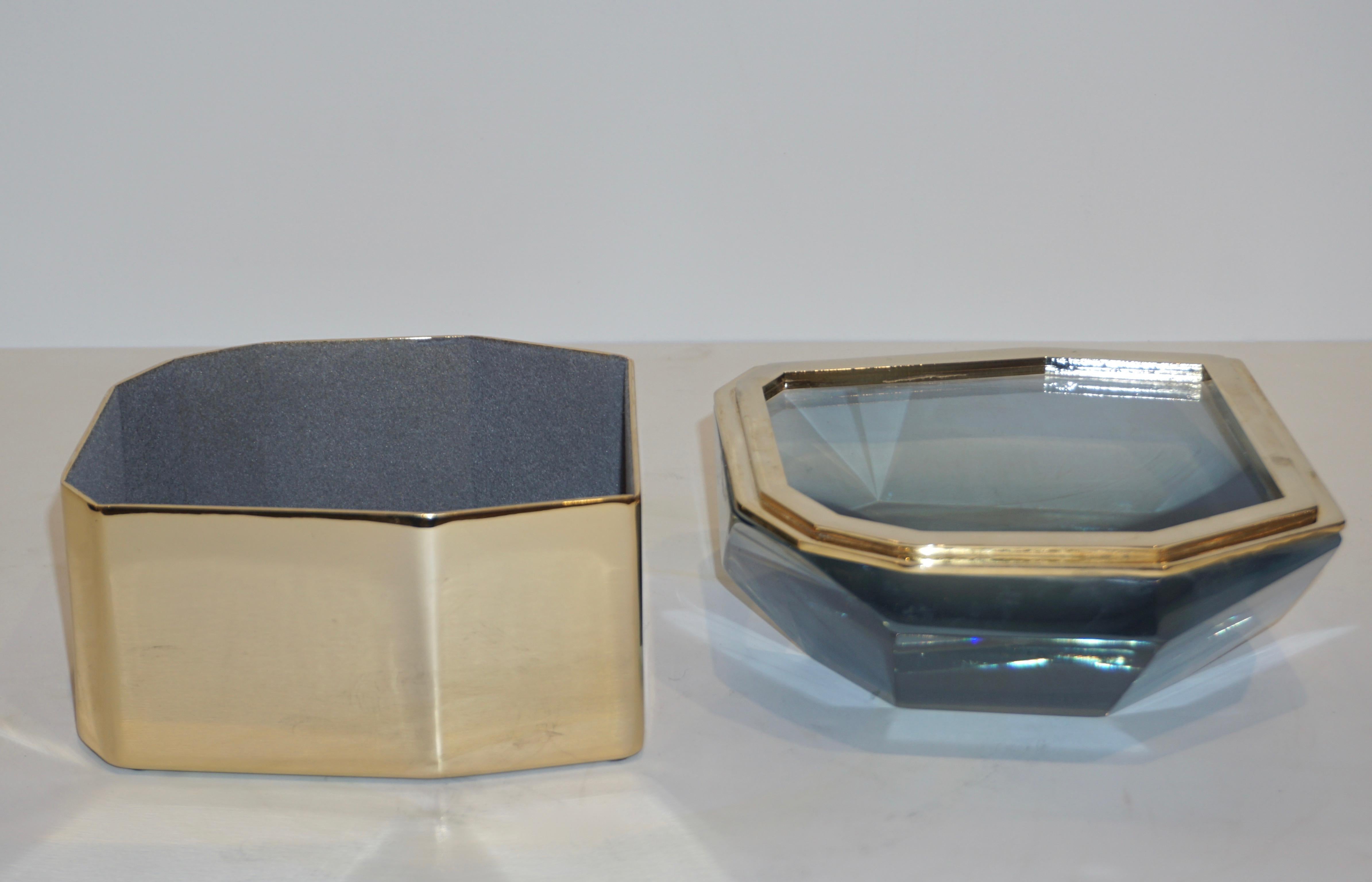 Toso Italian Modern Diamond-Shaped Smoked Murano Glass & Brass Jewel-Like Box 3