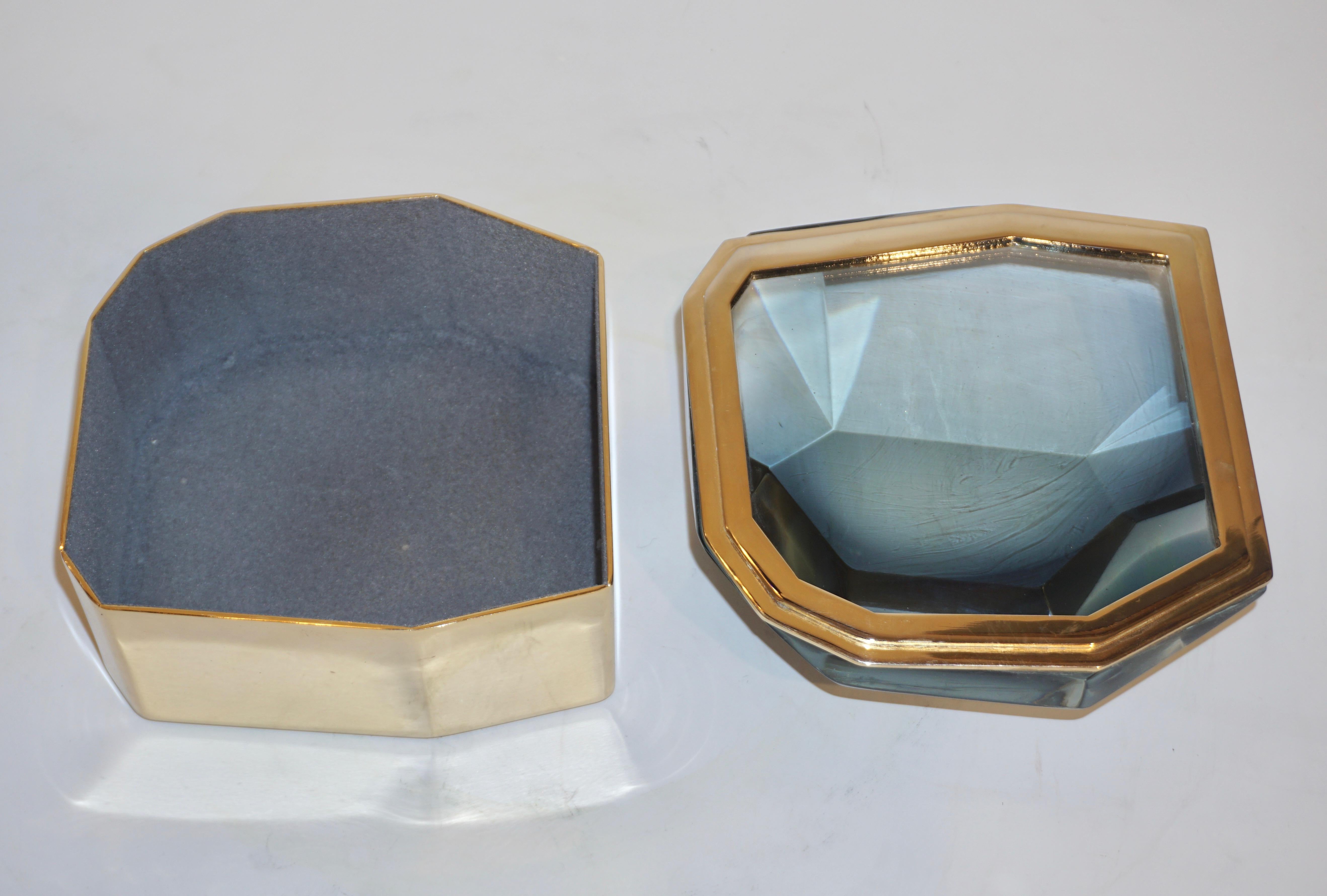 Toso Italian Modern Diamond-Shaped Smoked Murano Glass & Brass Jewel-Like Box (Art déco)