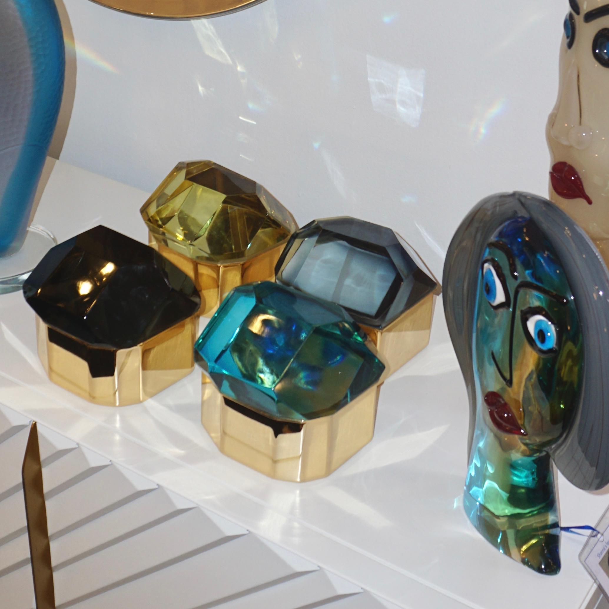 Art Deco Toso Italian Modern Diamond-Shaped Smoked Murano Glass & Brass Jewel-Like Box