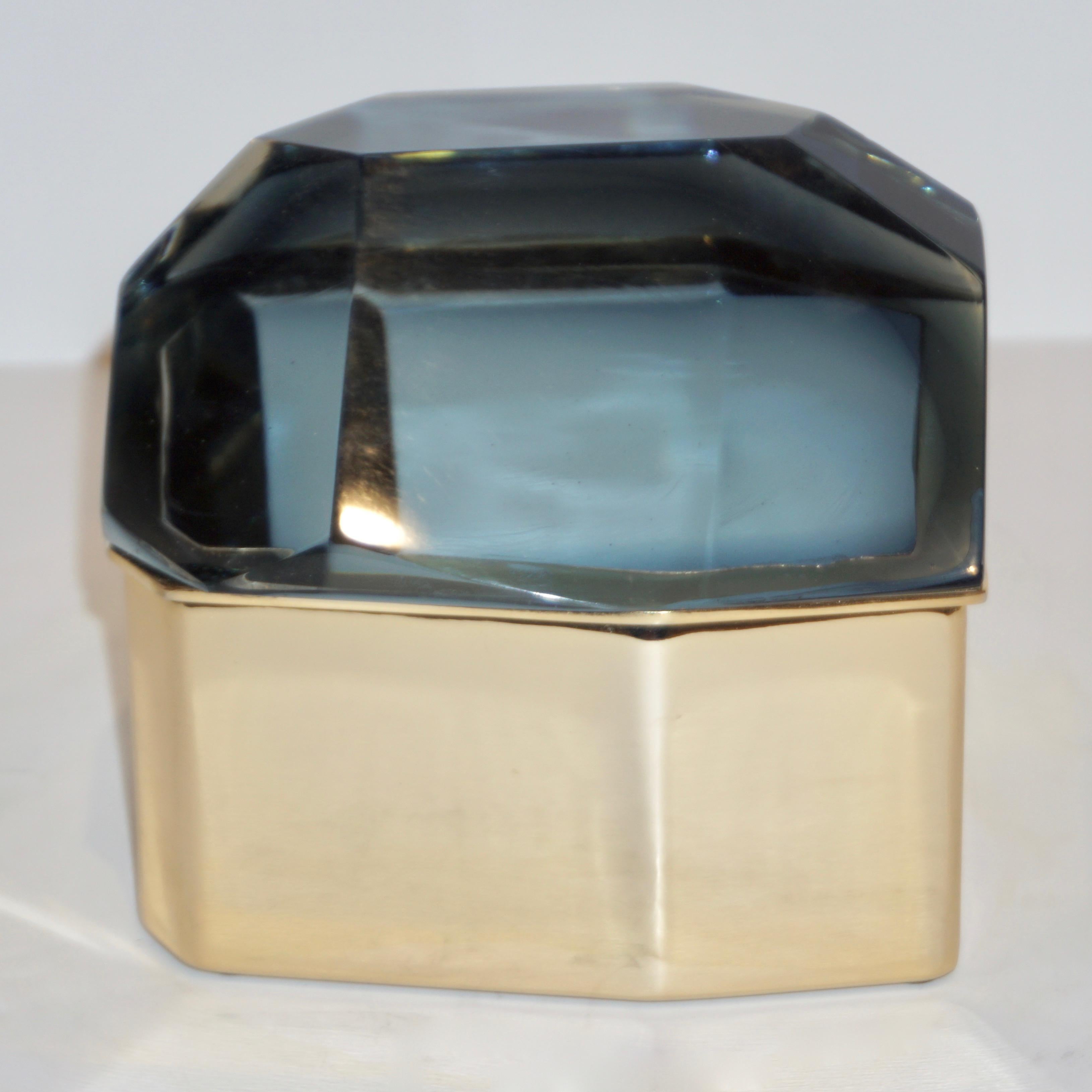 Toso Italian Modern Diamond-Shaped Smoked Murano Glass & Brass Jewel-Like Box 1