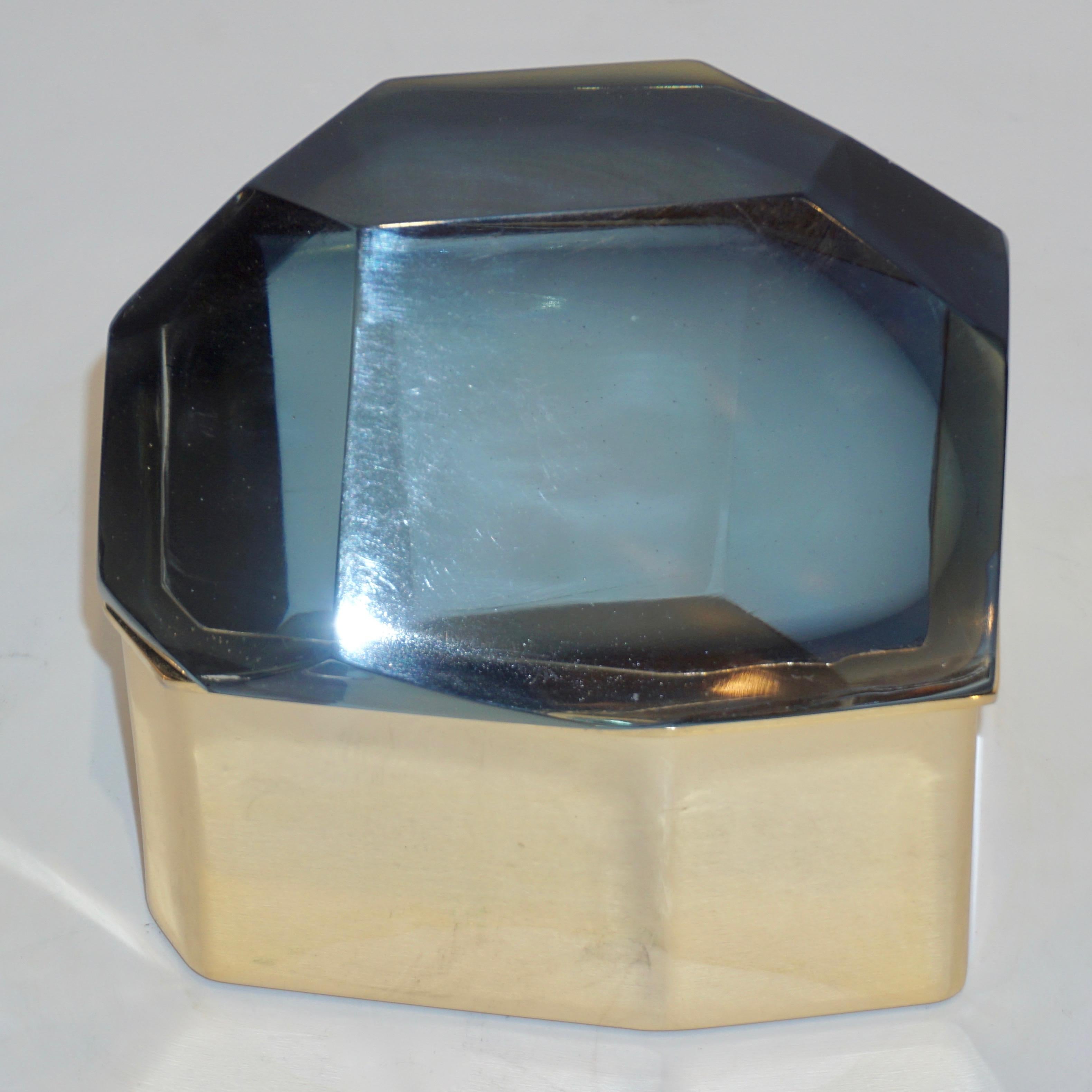Toso Italian Modern Diamond-Shaped Smoked Murano Glass & Brass Jewel-Like Box 2