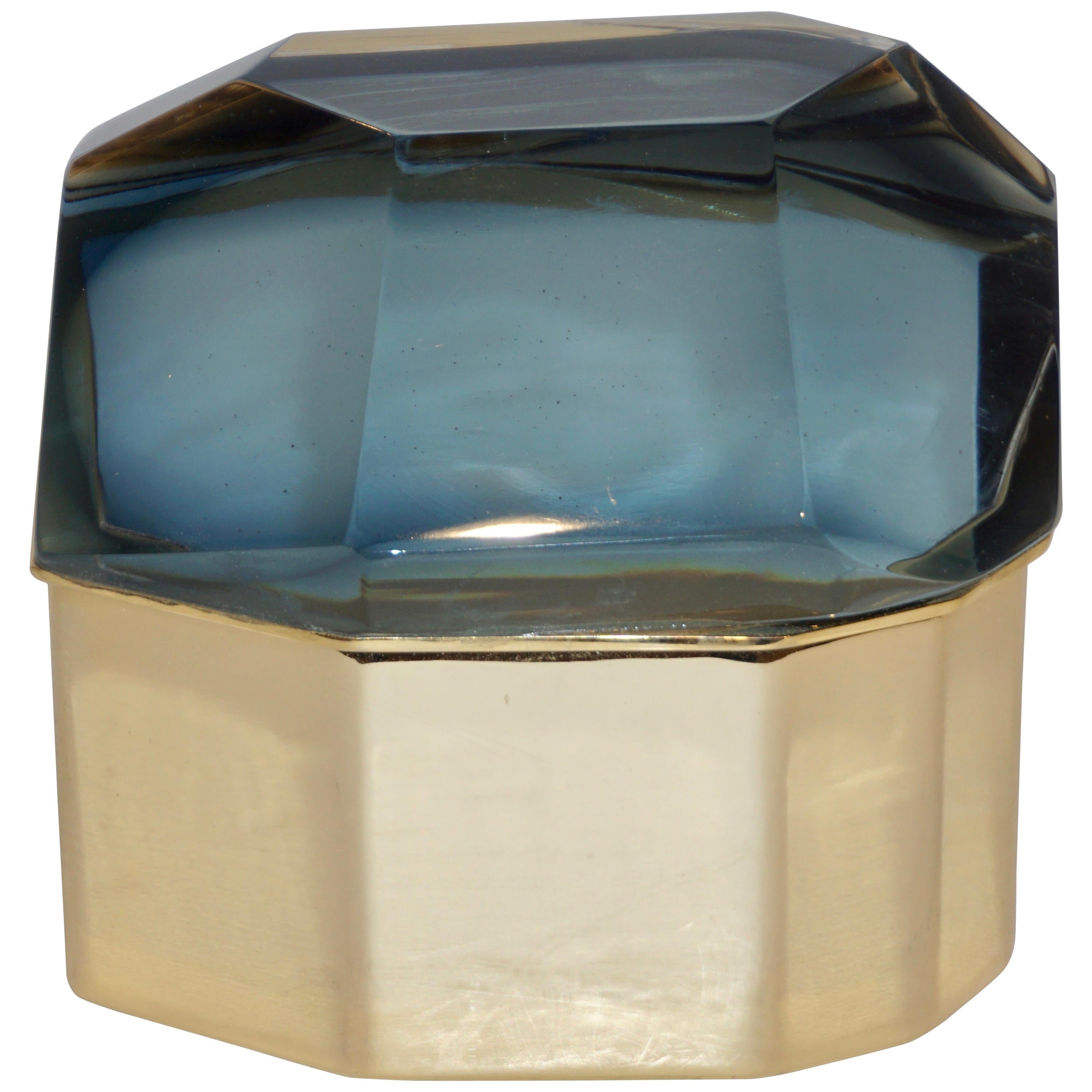 Toso Italian Modern Diamond-Shaped Smoked Murano Glass & Brass Jewel-Like Box