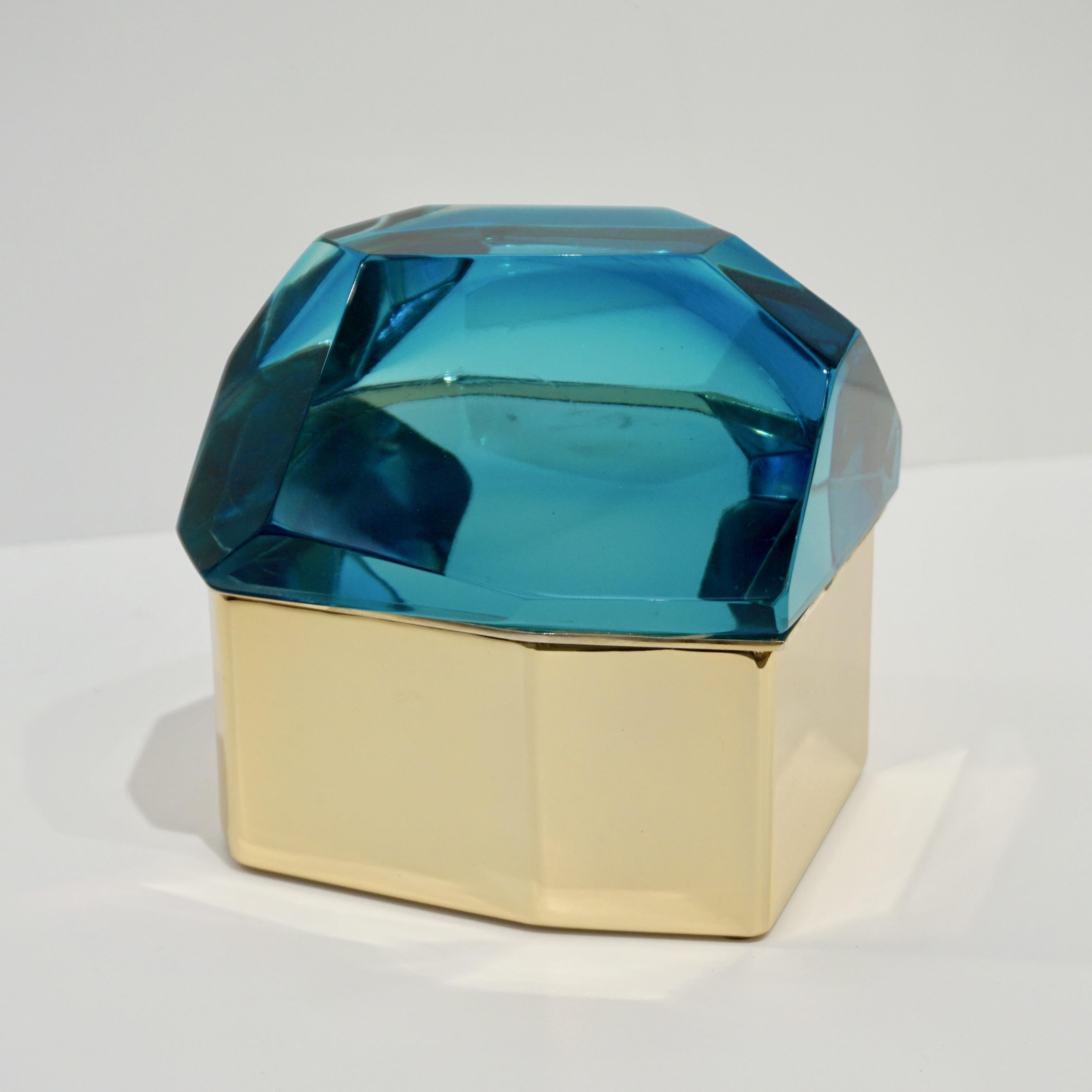 Toso Italian Modern Diamond-Shaped Turquoise Murano Glass & Brass Jewel-Like Box 4
