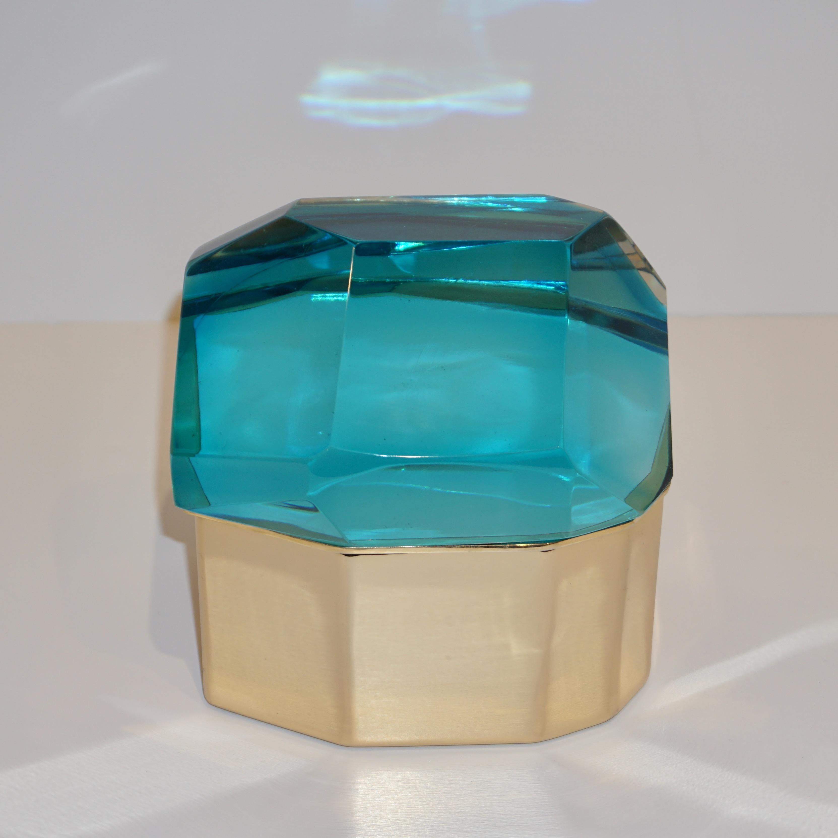 Toso Italian Modern Diamond-Shaped Turquoise Murano Glass & Brass Jewel-Like Box 6