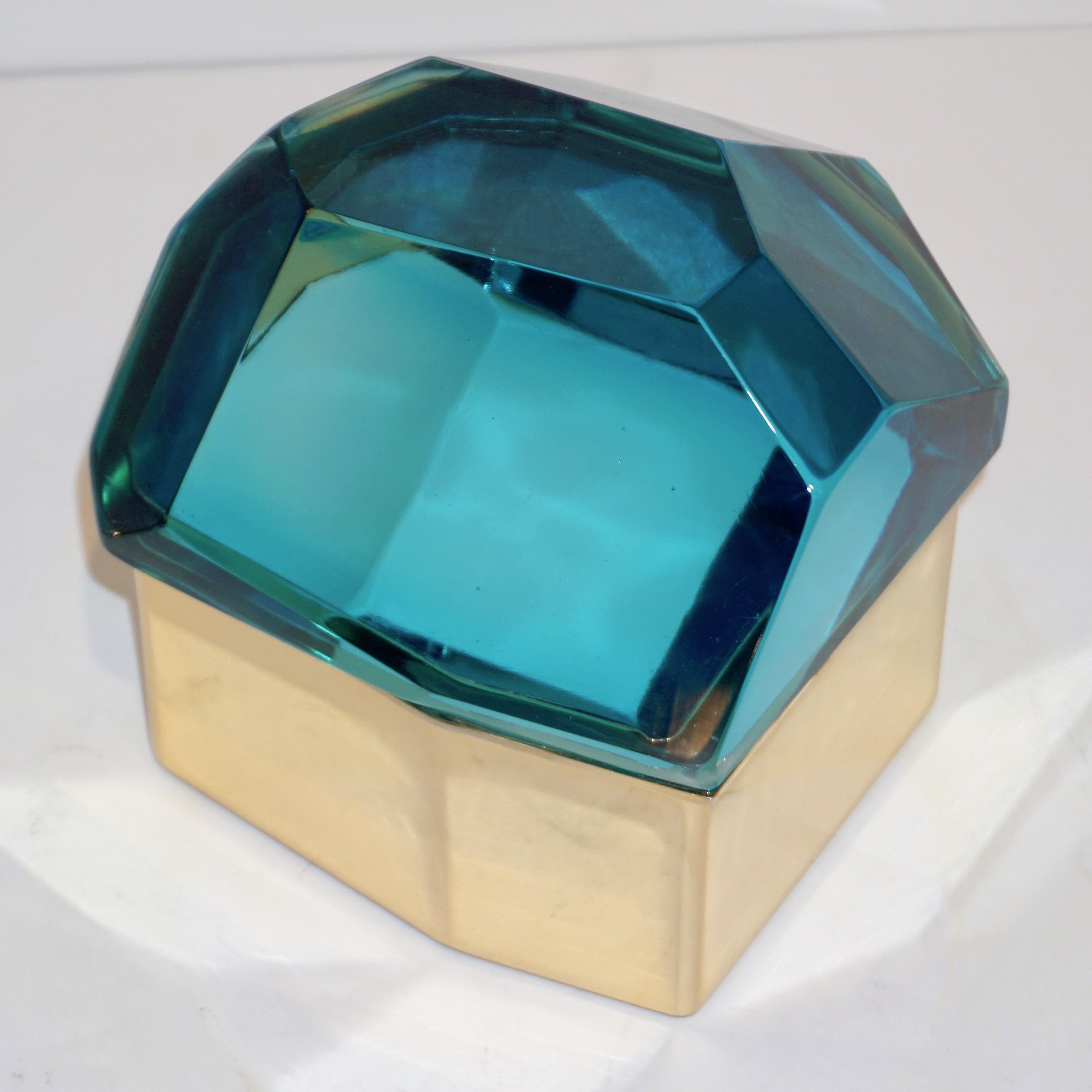 Toso Italian Modern Diamond-Shaped Turquoise Murano Glass & Brass Jewel-Like Box 7