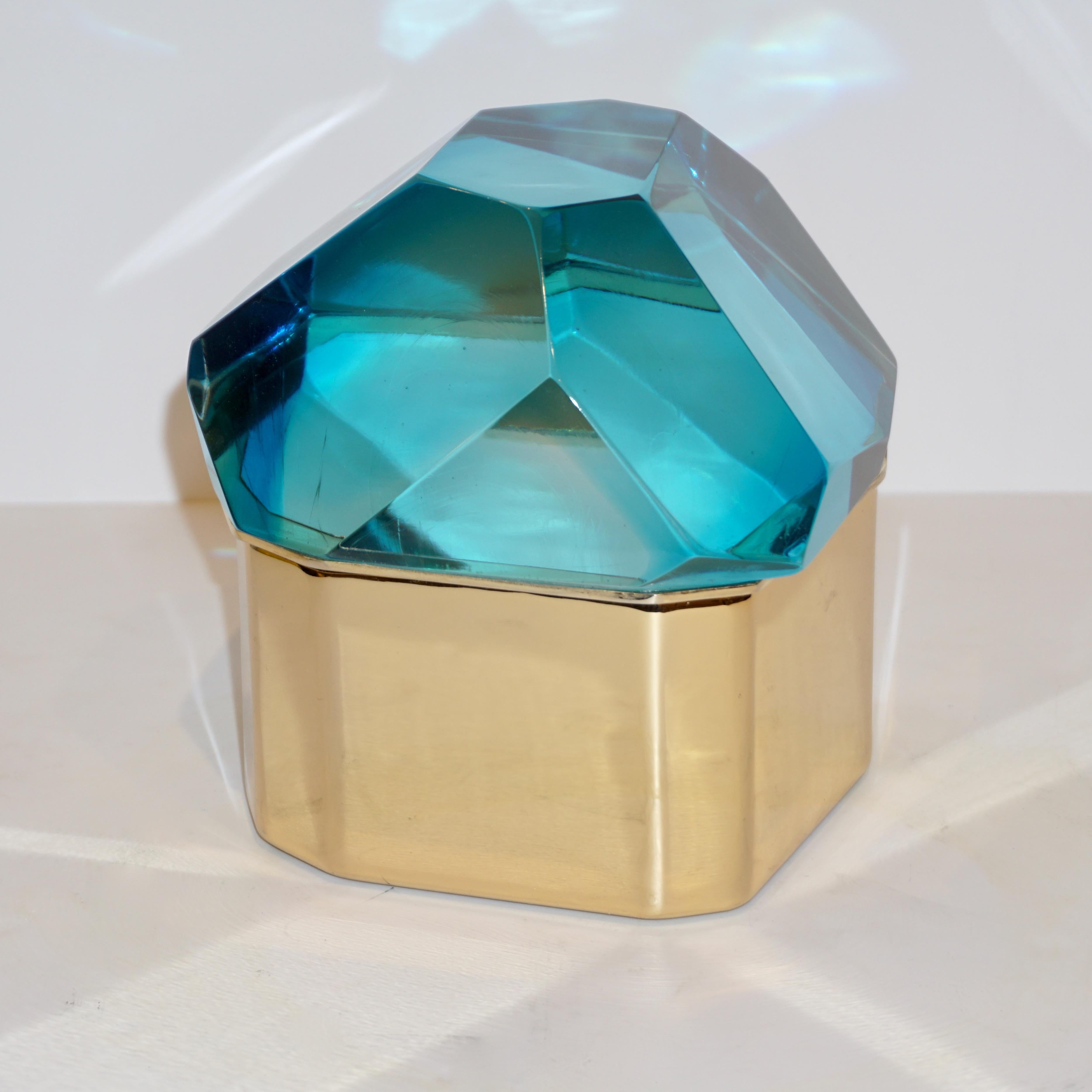 Toso Italian Modern Diamond-Shaped Turquoise Murano Glass & Brass Jewel-Like Box 8