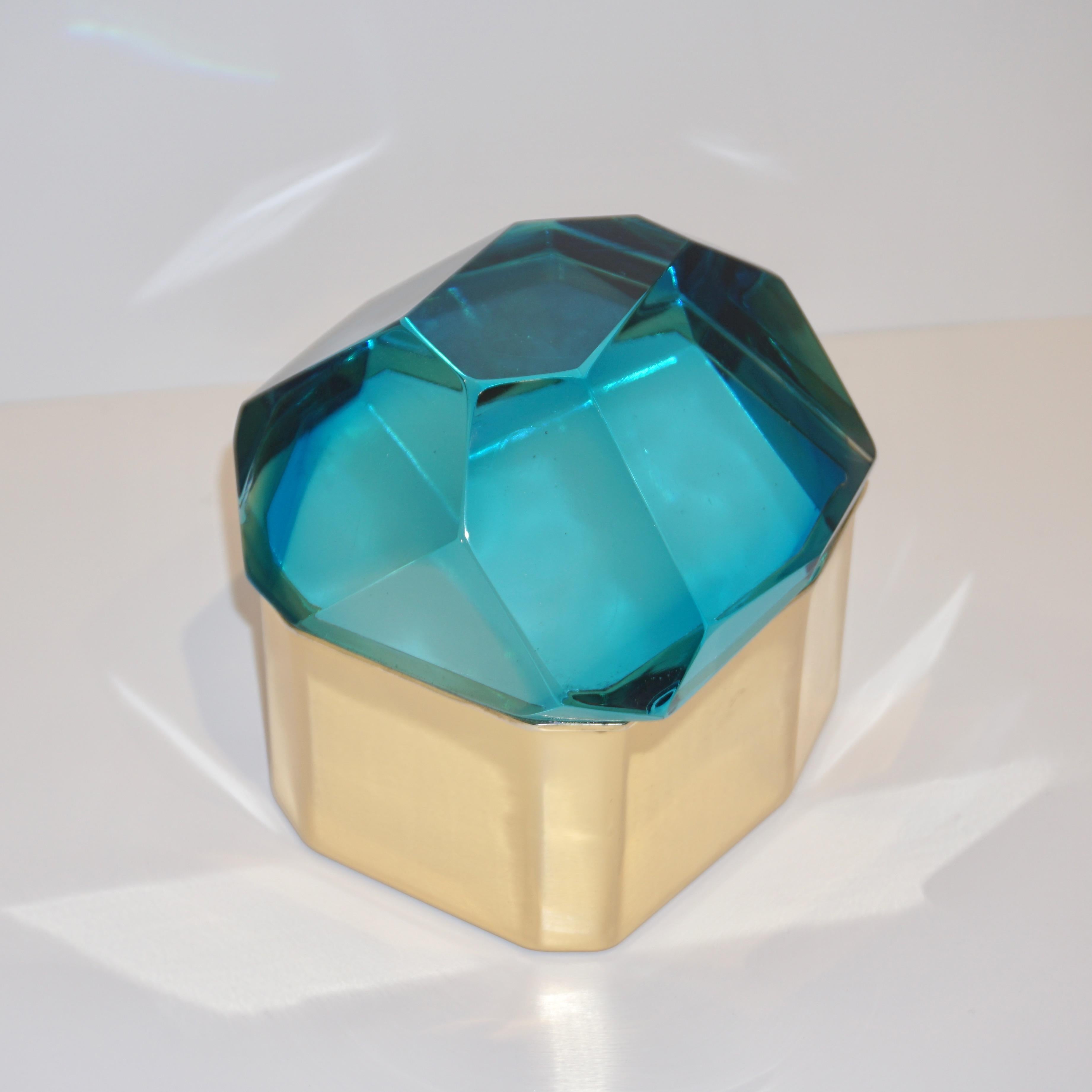 Toso Italian Modern Diamond-Shaped Turquoise Murano Glass & Brass Jewel-Like Box 9