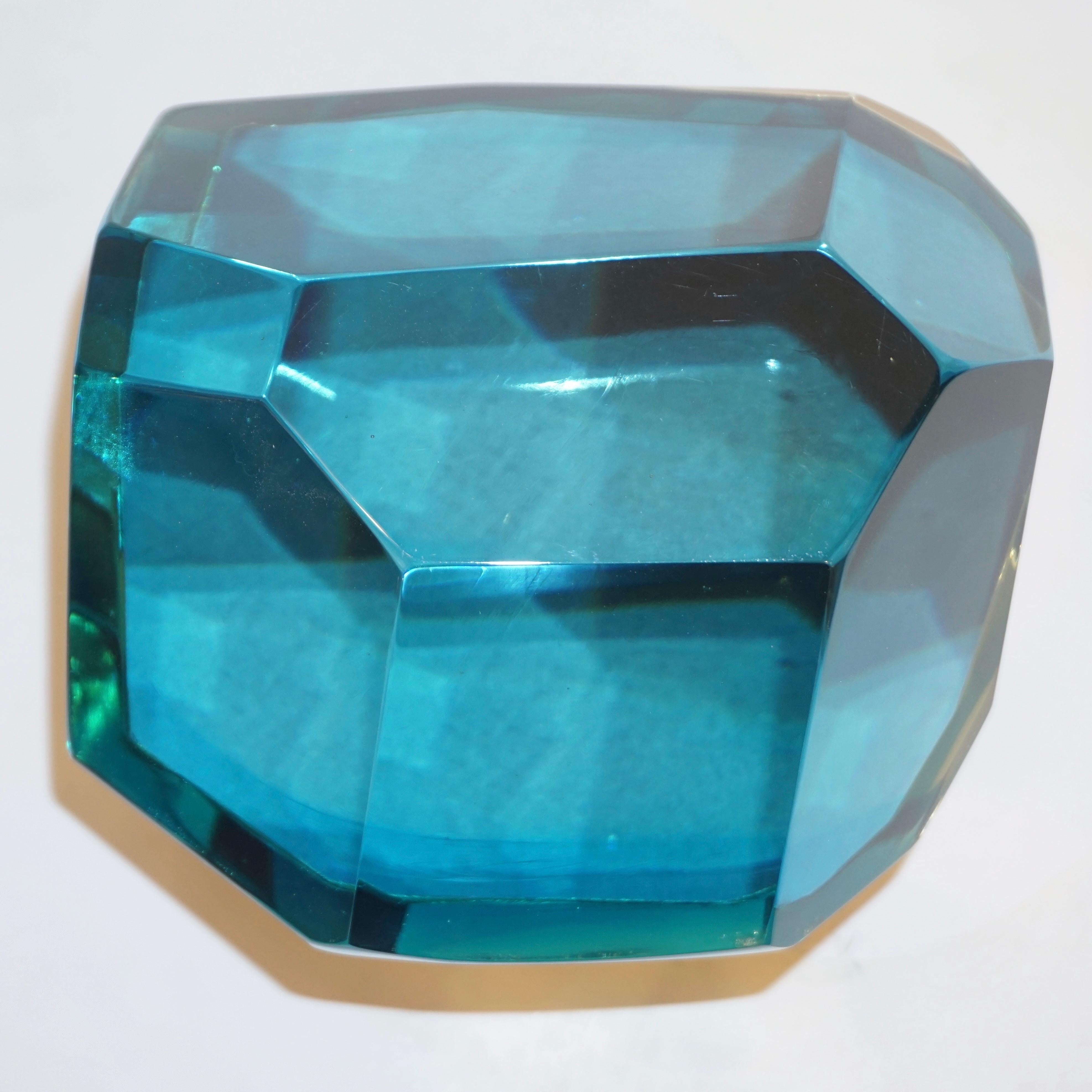 Art Deco Toso Italian Modern Diamond-Shaped Turquoise Murano Glass & Brass Jewel-Like Box