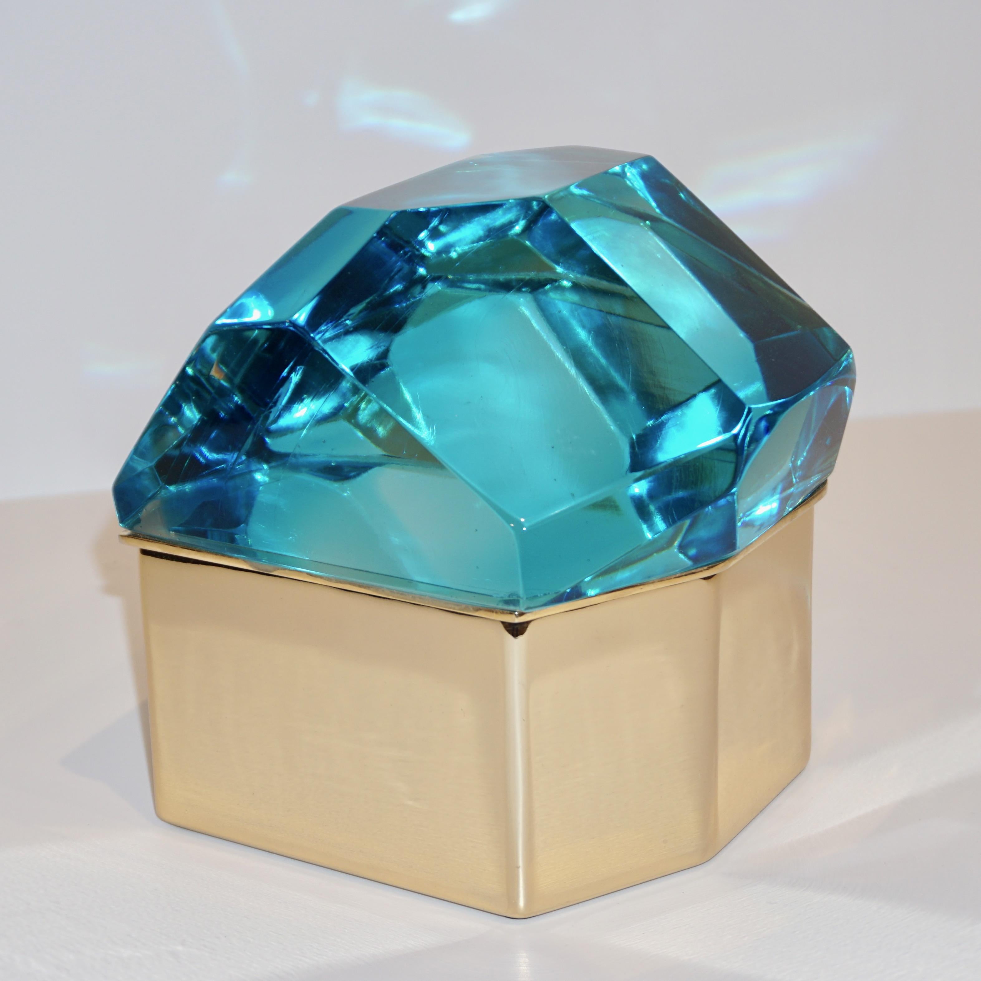 Toso Italian Modern Diamond-Shaped Turquoise Murano Glass & Brass Jewel-Like Box 2