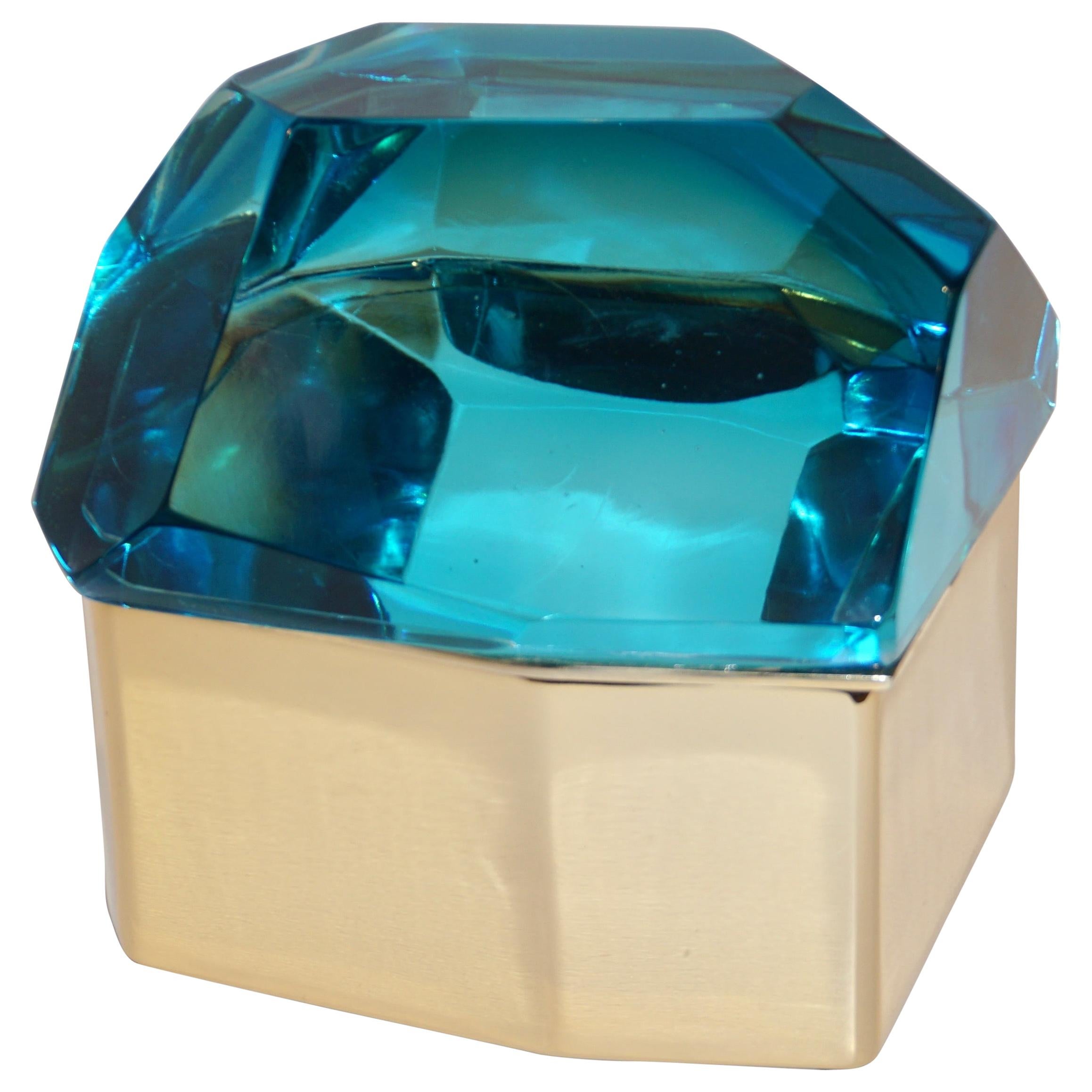 Toso Italian Modern Diamond-Shaped Turquoise Murano Glass & Brass Jewel-Like Box