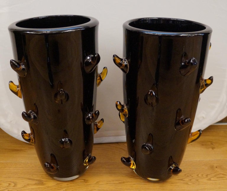 Toso Mid-Century Modern Black Amber Pair of Murano Glass Vases Signed Jars, 1988 For Sale 13