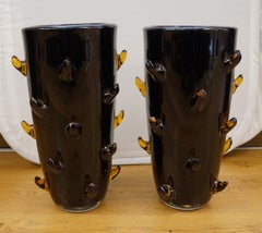 Toso Mid-Century Modern Black Amber Pair of Murano Glass Vases Signed Jars, 1988