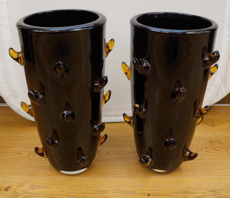 Italian Toso Mid-Century Modern Black Amber Pair of Murano Glass Vases Signed Jars, 1988 For Sale