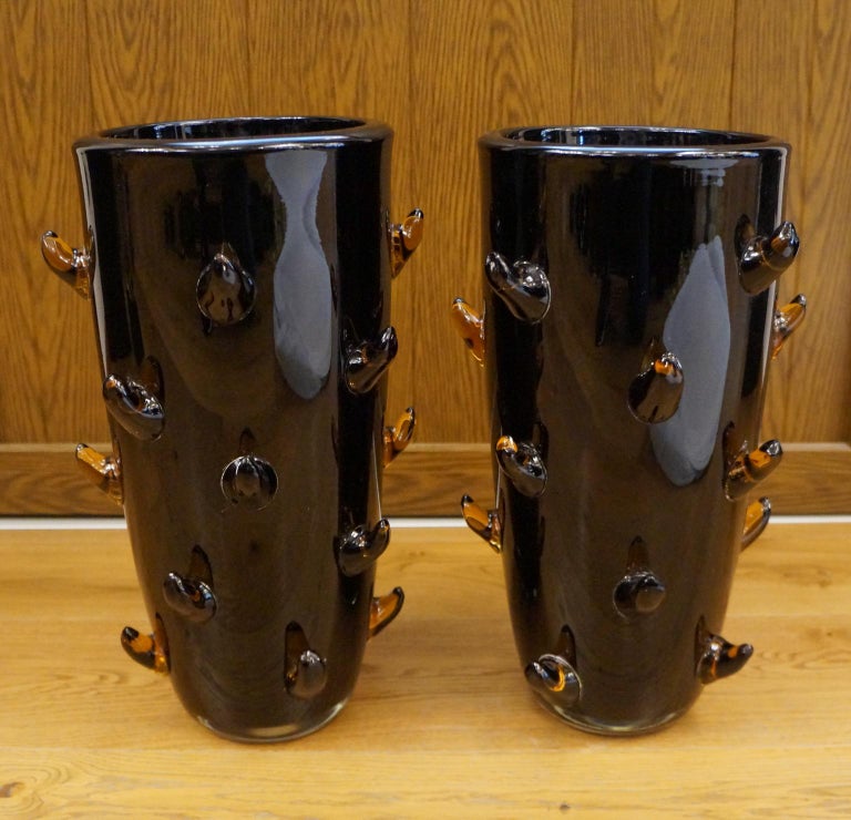 Hand-Crafted Toso Mid-Century Modern Black Amber Pair of Murano Glass Vases Signed Jars, 1988 For Sale