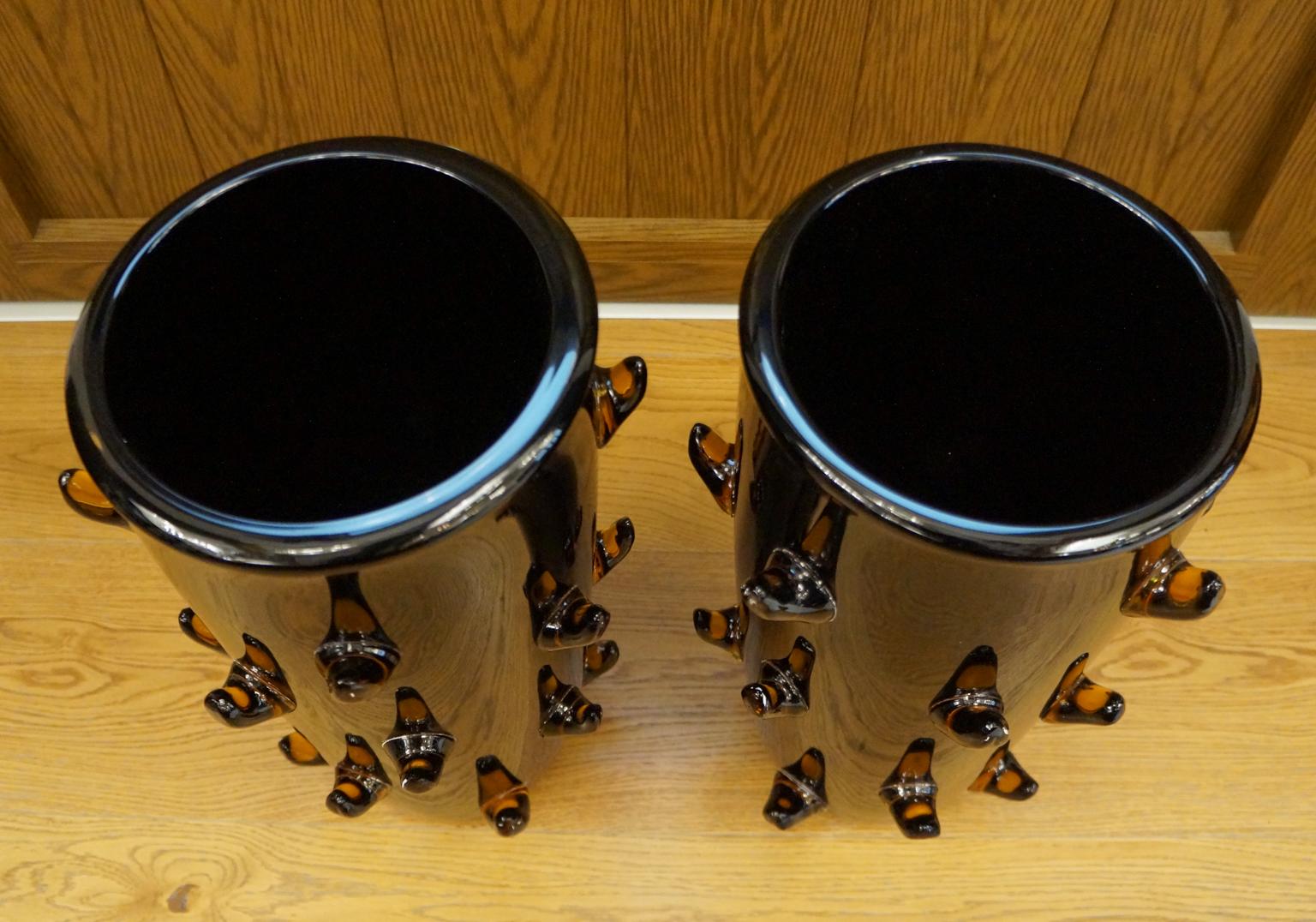 Hand-Crafted Toso Mid-Century Modern Black Amber Pair of Murano Glass Vases Signed Jars, 1988 For Sale