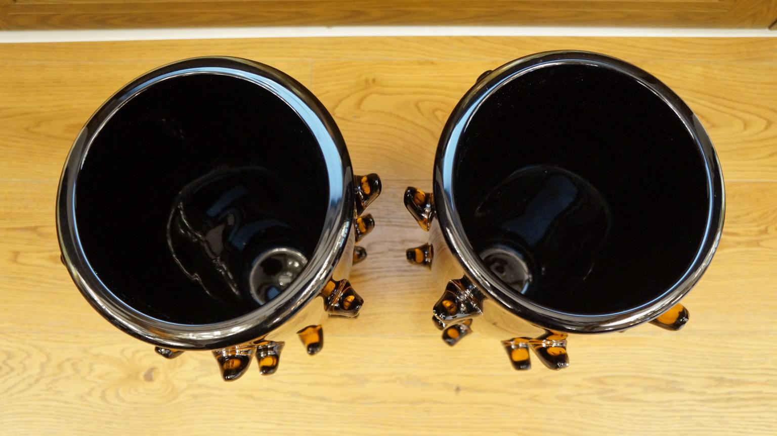 Late 20th Century Toso Mid-Century Modern Black Amber Pair of Murano Glass Vases Signed Jars, 1988 For Sale