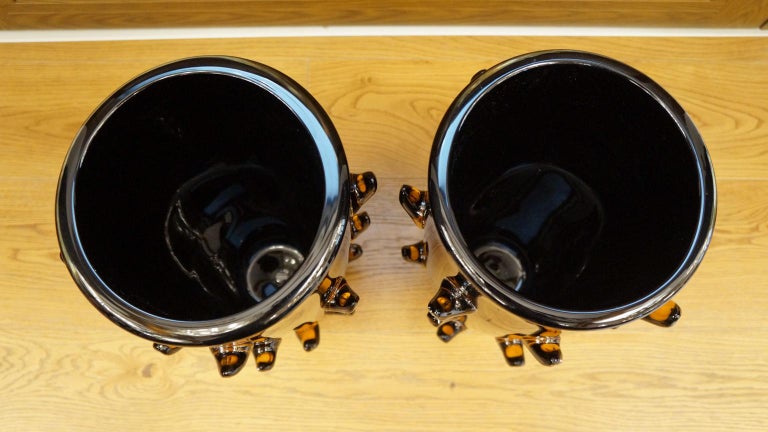 Art Glass Toso Mid-Century Modern Black Amber Pair of Murano Glass Vases Signed Jars, 1988 For Sale