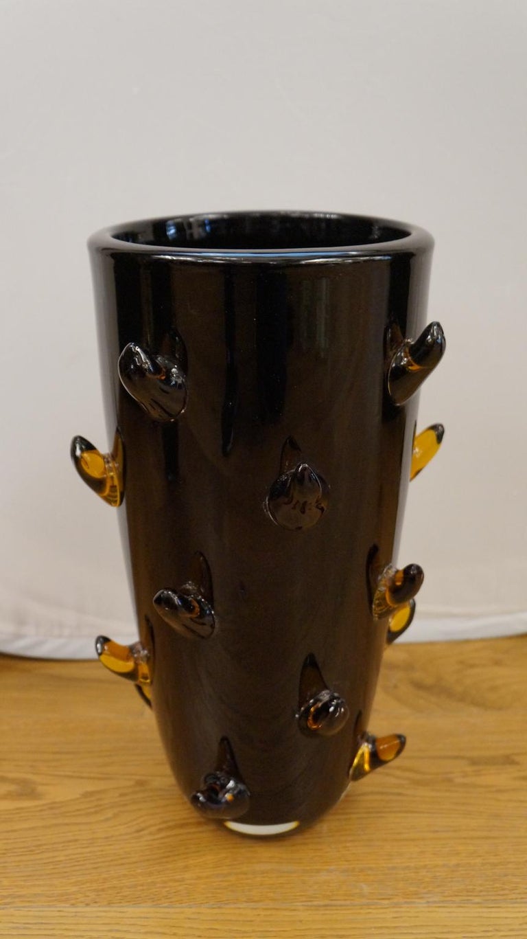 Toso Mid-Century Modern Black Amber Pair of Murano Glass Vases Signed Jars, 1988 For Sale 3