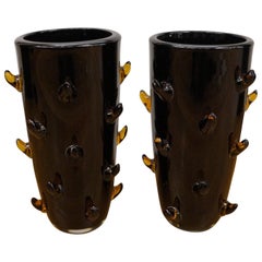 Toso Mid-Century Modern, Paar schwarze Bernsteinvasen aus Muranoglas, signierte Gläser, 1988