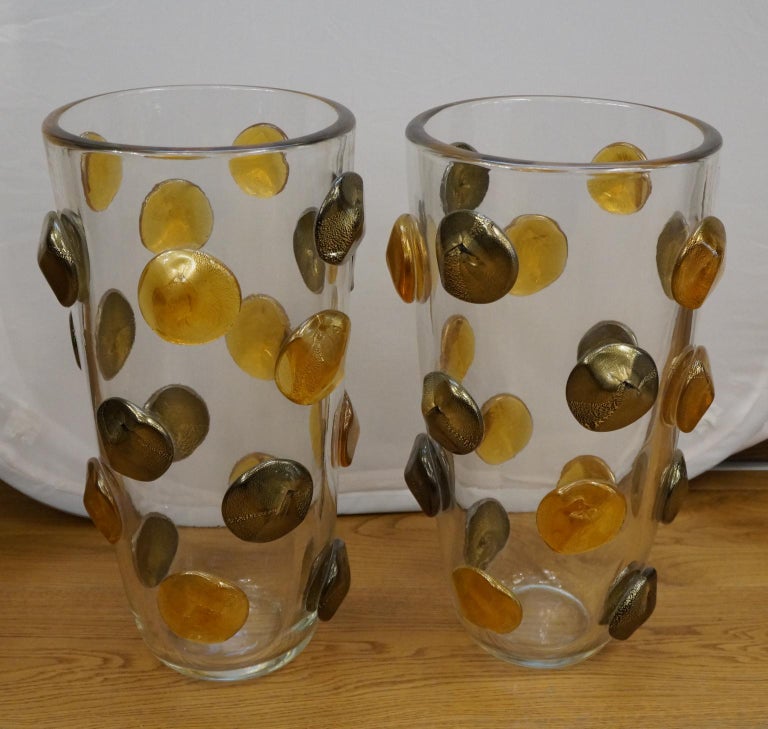 Hand-Crafted Toso Mid-Century Modern Crystal Amber Black Gold Pair of Murano Glass Vases 1995 For Sale