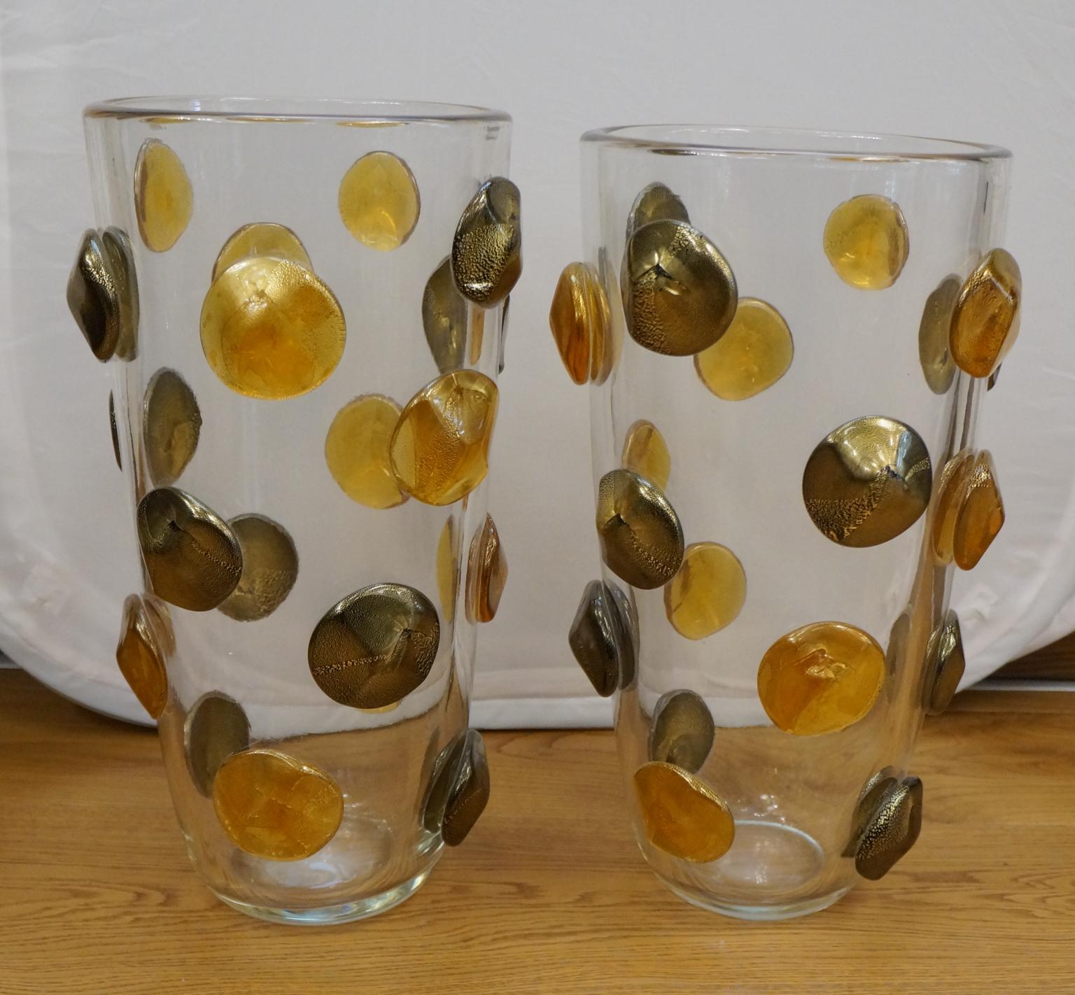 Late 20th Century Toso Mid-Century Modern Crystal Amber Black Gold Pair of Murano Glass Vases 1995 For Sale