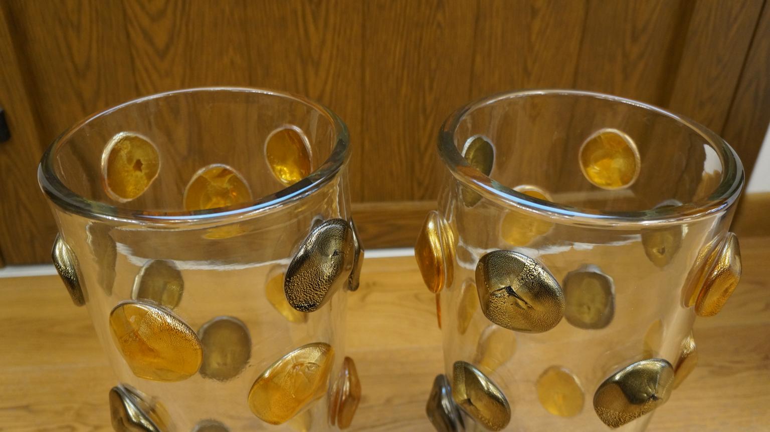 Pareja de jarrones de cristal de Murano Toso Mid-Century Modern Crystal Amber Black Gold 1995 en venta 1