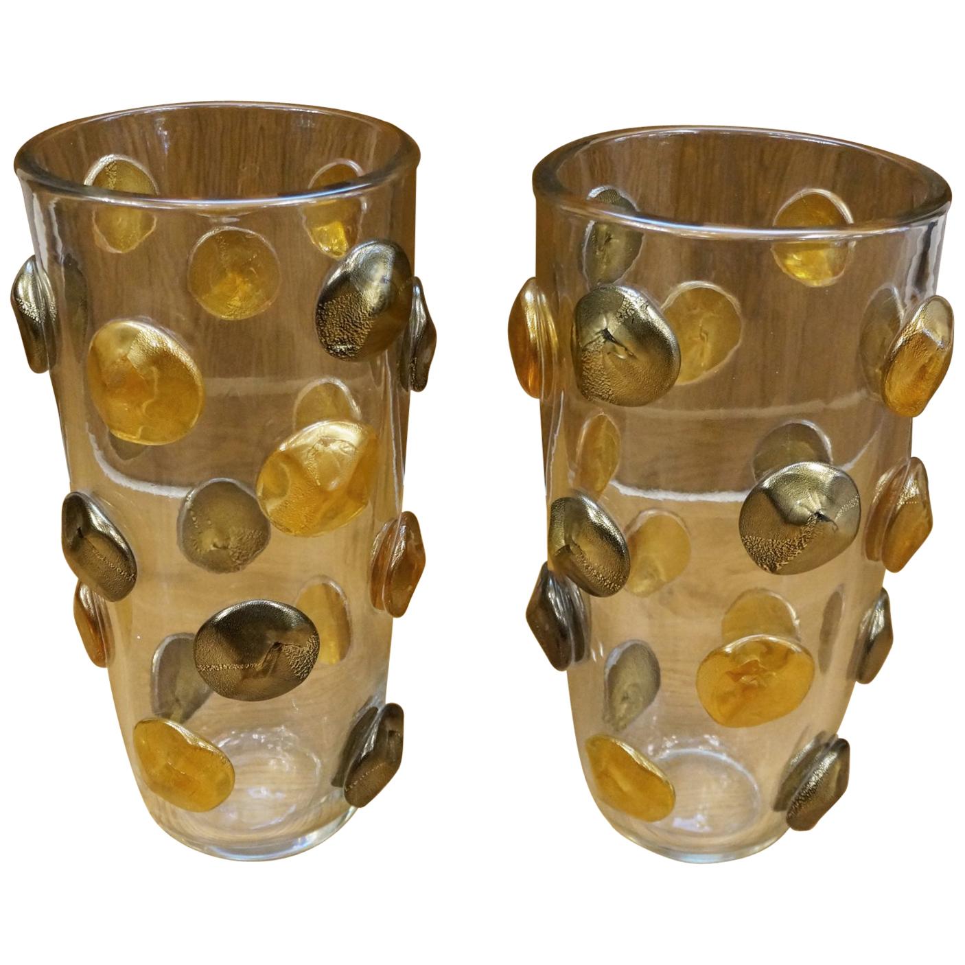 Toso Mid-Century Modern Crystal Amber Black Gold Pair of Murano Glass Vases 1995