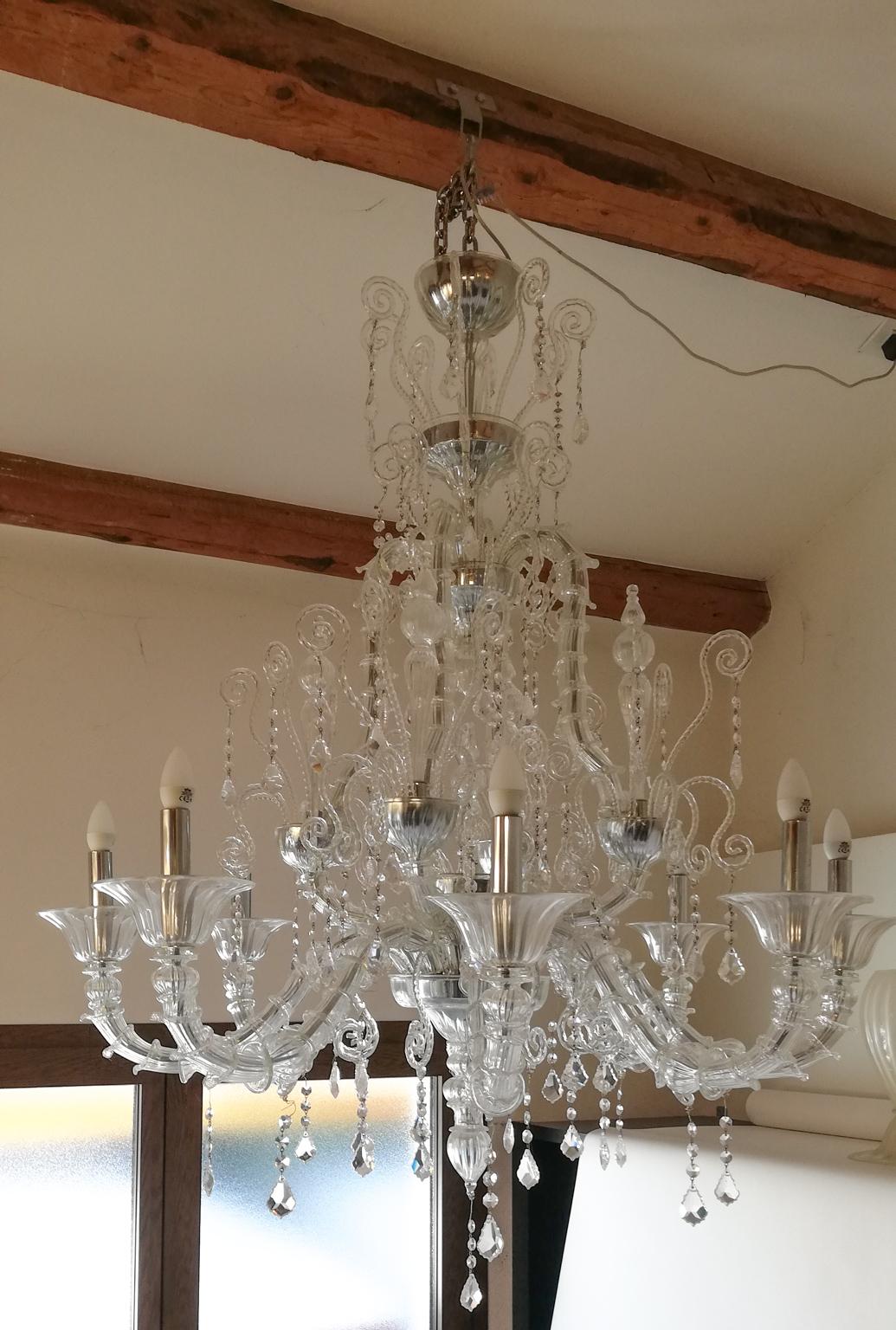 Late 20th Century Toso Mid-Century Modern Crystal Ca' Rezzonico Murano Glass Chandelier, 1989 For Sale