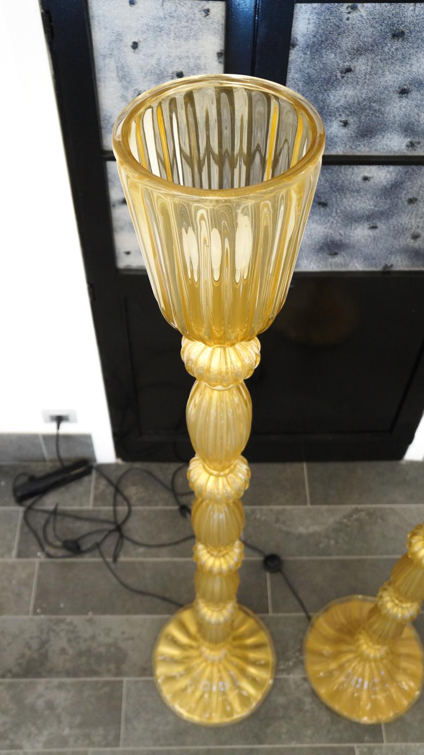 Toso Mid-Century Modern Crystal Gold Leaf Two Murano Glass Floor Lamps, 1975s 4