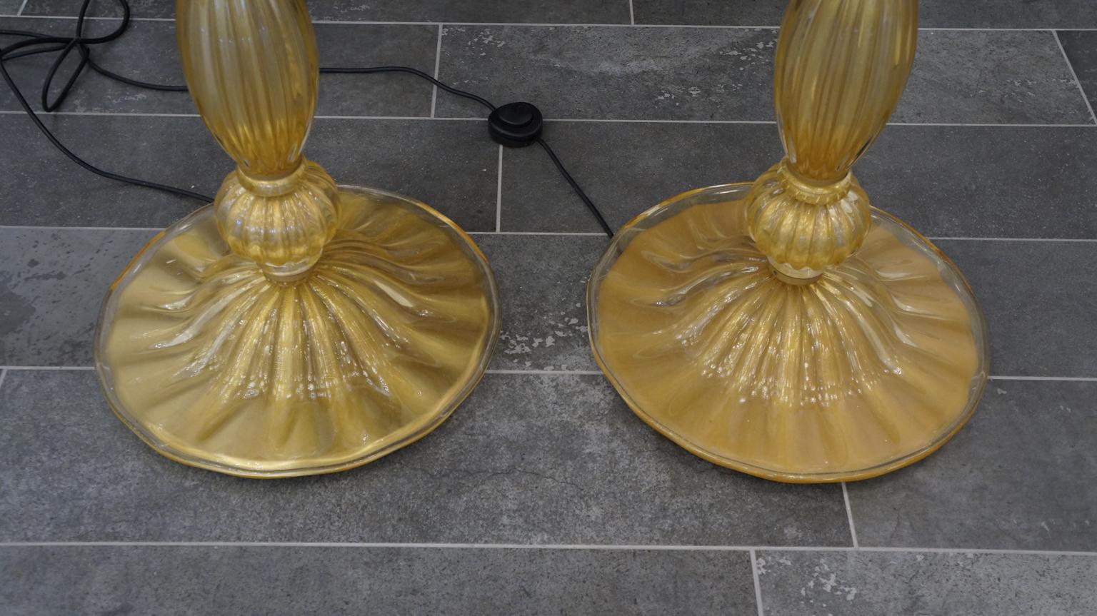 Italian Toso Mid-Century Modern Crystal Gold Leaf Two Murano Glass Floor Lamps, 1975s