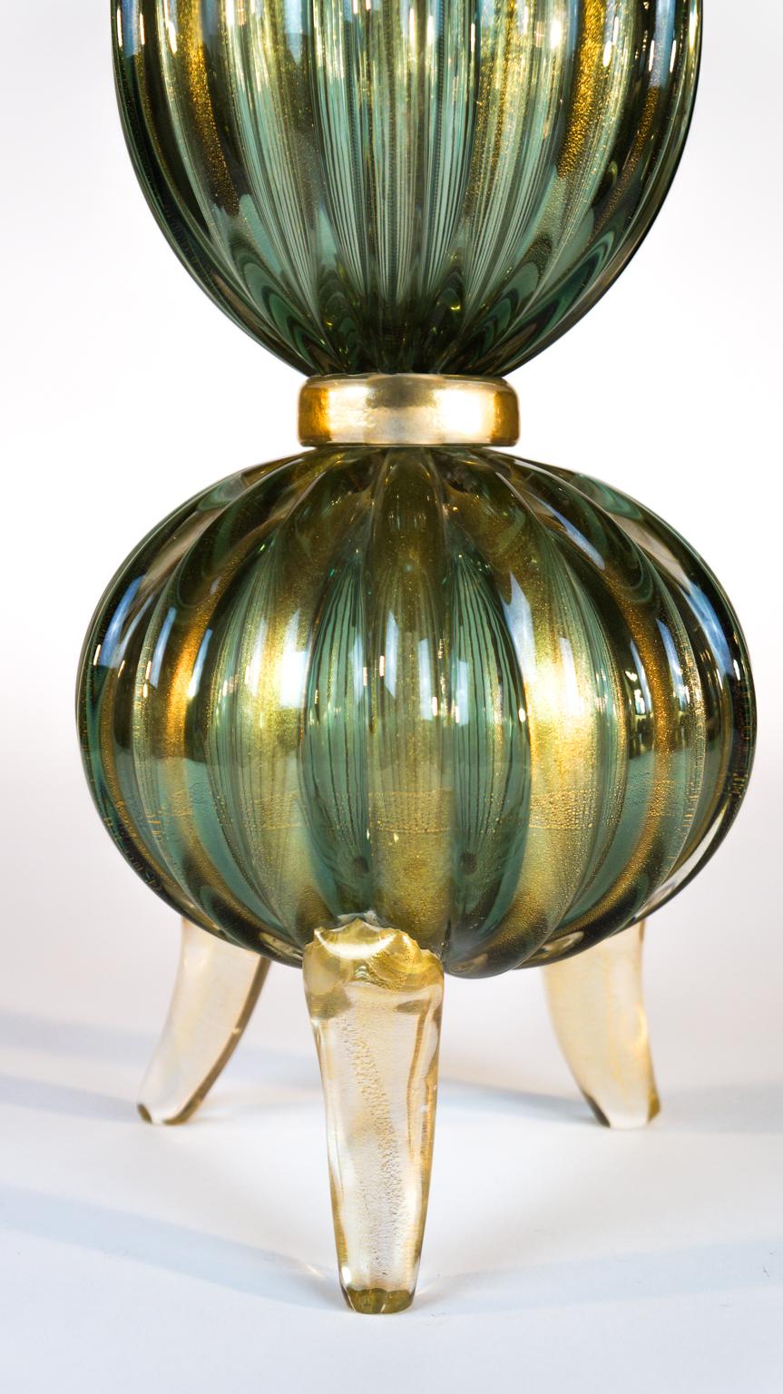 Toso Mid-Century Modern Green Gold Pair of Murano Glass Table Lamps Signed, 1980 For Sale 5