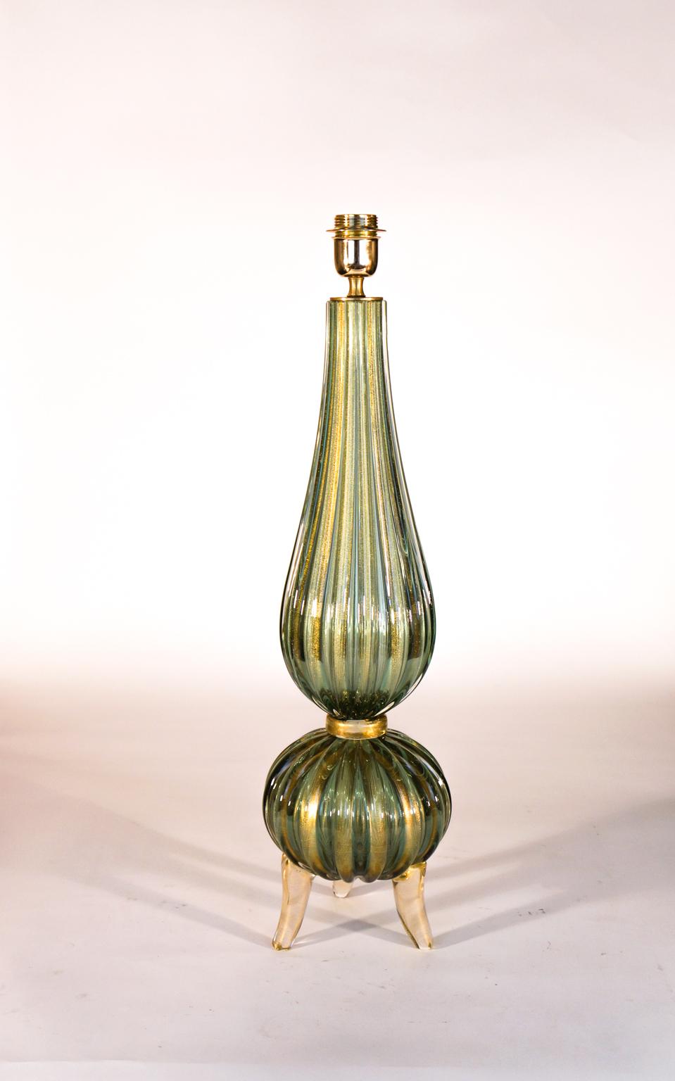 Toso Mid-Century Modern Green Gold Pair of Murano Glass Table Lamps Signed, 1980 For Sale 7