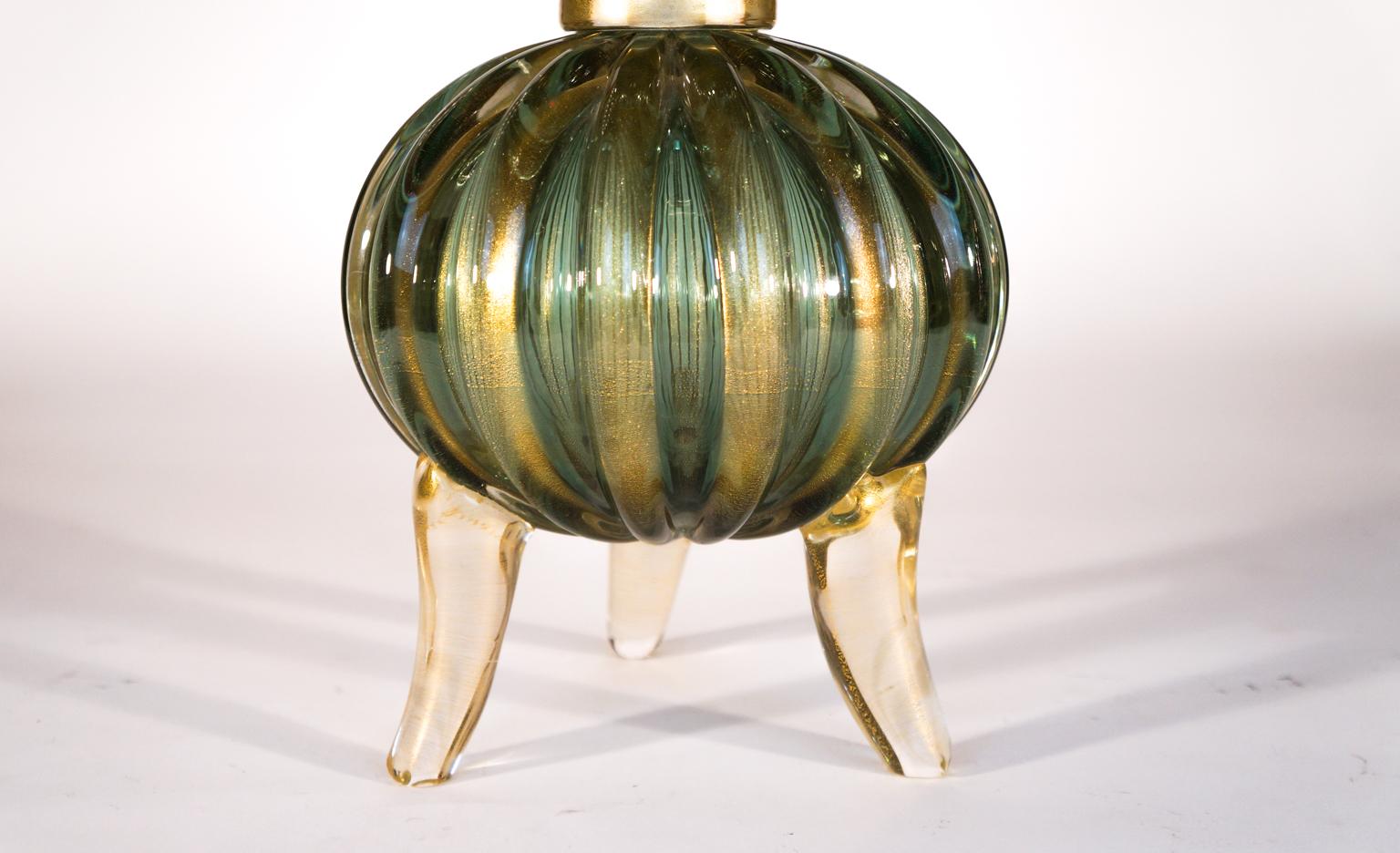 Toso Mid-Century Modern Green Gold Pair of Murano Glass Table Lamps Signed, 1980 For Sale 9